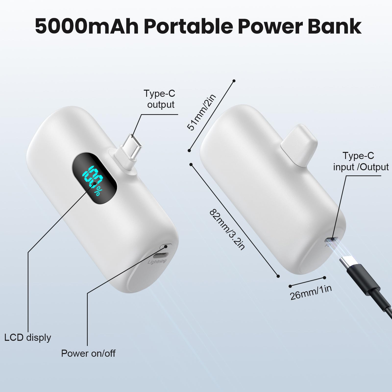 5000mAh PD Fast Charging Mini Power Bank - USB C Portable Charger with Built-in Cable | Compatible with iPhone 15/14/13 Series, Samsung Galaxy, Google Pixel & Android Phones | Perfect for Travel, Camping & Emergency Charging (White)