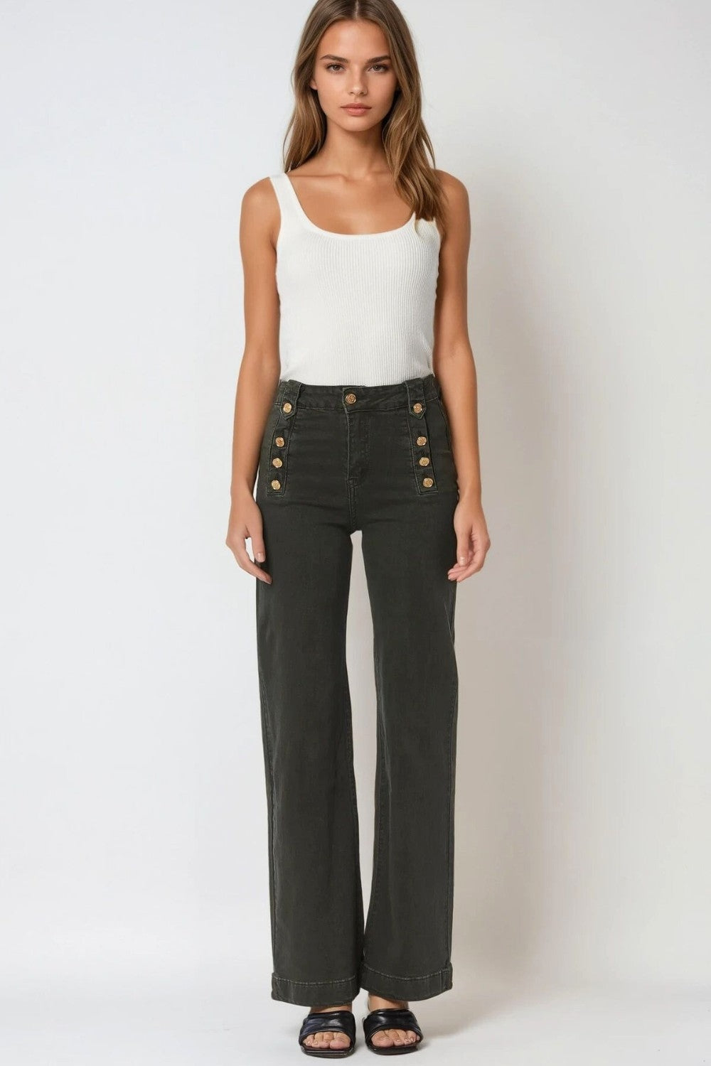 Women's High Waist Straight Leg Jeans with Gold Side Buttons in Khaki - Perfect for Casual Outings, Office Wear & Date Nights