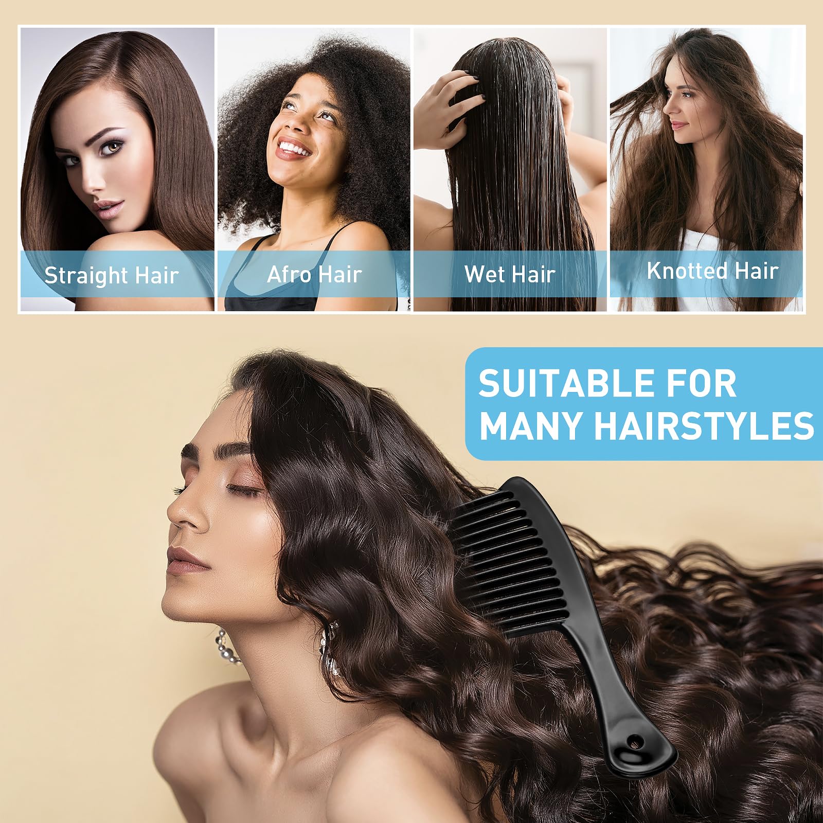 Wide Tooth Comb for Wet & Curly Hair - Thickened Detangling Shower Comb with Round Teeth - Gentle No Hair Damage Design - Perfect for Salon, Travel & Home Hair Care (Black)