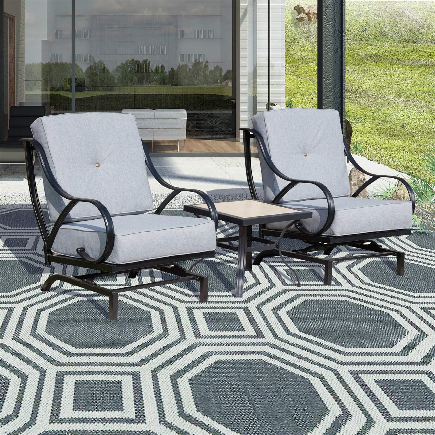 Outdoor Patio Bistro Set with Rocking Chairs & Coffee Table - 3-Piece Metal Garden Furniture with Cushions for Balcony, Lawn, or Backyard (Grey) - Perfect for Relaxing, Entertaining, and Enjoying Outdoor Gatherings