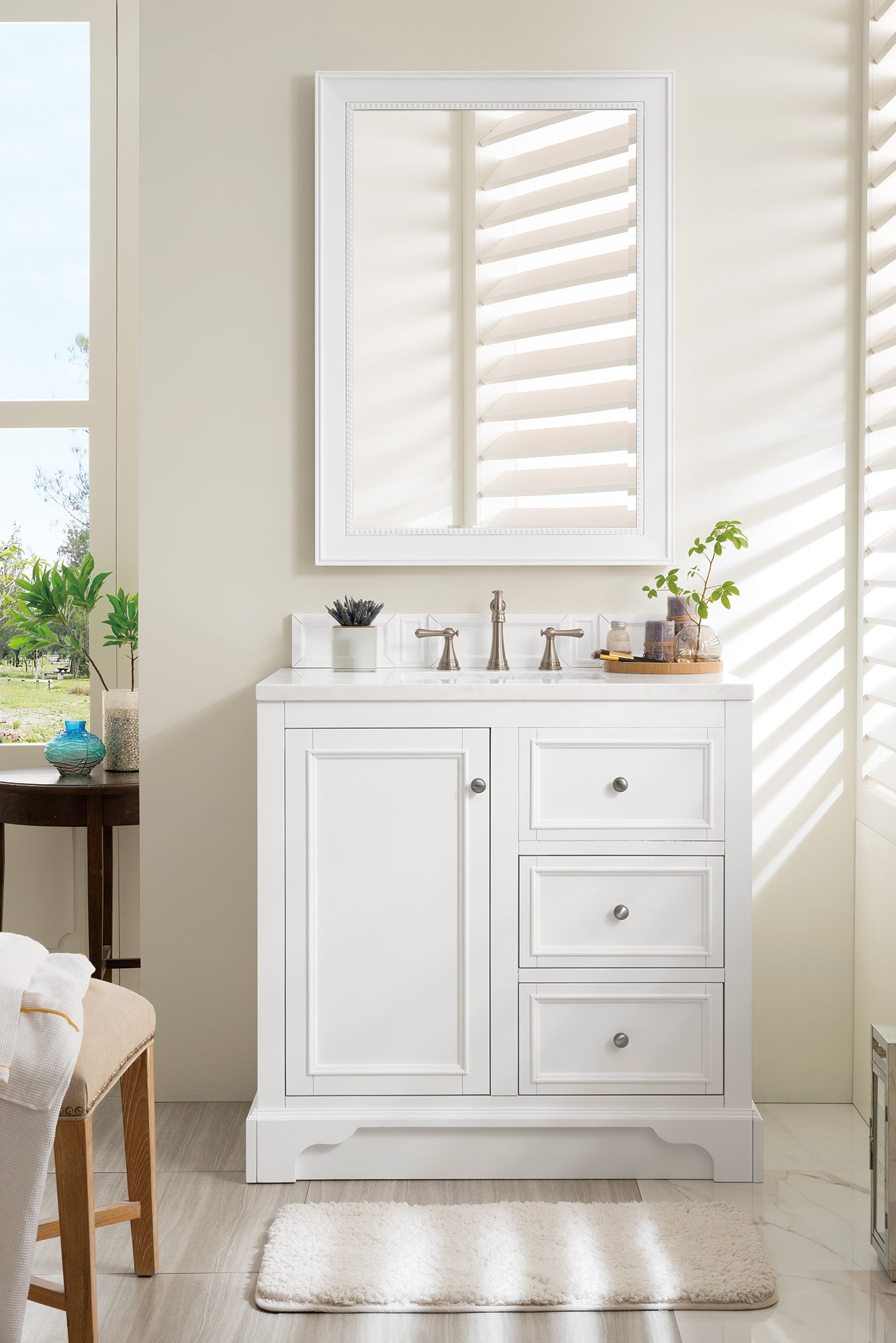 De Soto 36 Inch Single Bathroom Vanity with Arctic Fall Solid Surface Top - Bright White Finish for Modern Bathrooms | Perfect for Small Spaces, Guest Bathrooms & Home Renovations