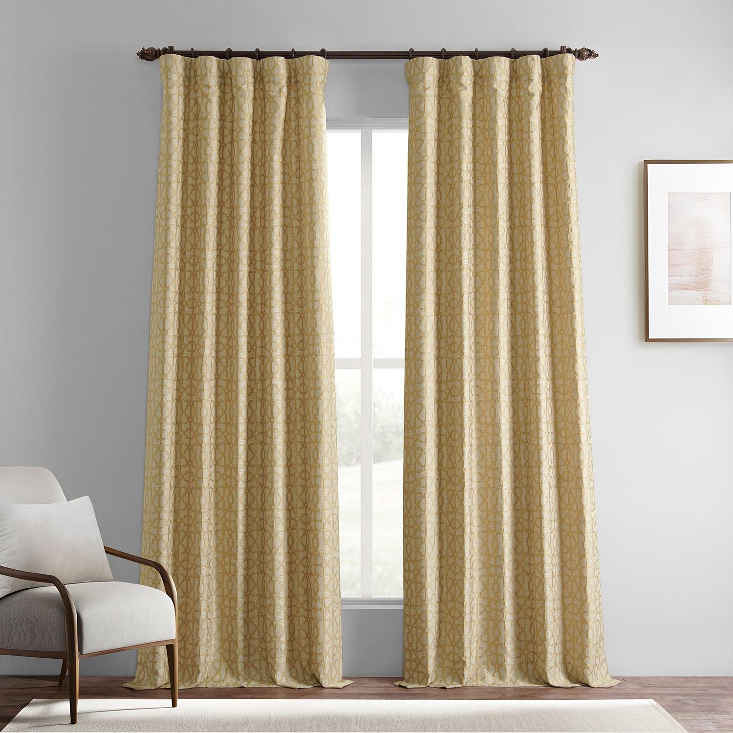 Metro Gold Geometric Faux Silk Jacquard Blackout Curtains for Bedroom & Living Room - Elegant Light Blocking Window Treatment for Home Decor