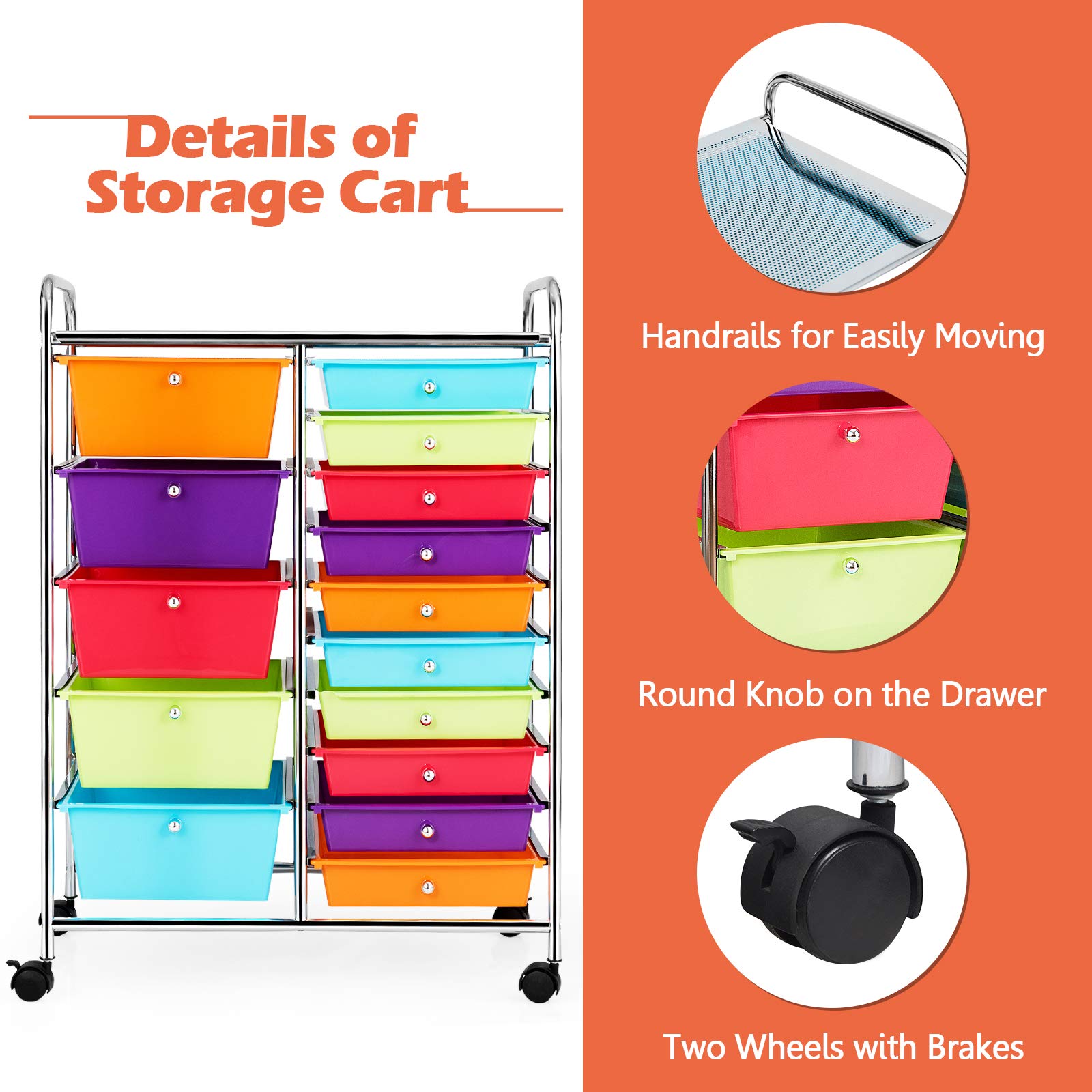 GOFLAME 15-Drawer Rolling Storage Cart - Multipurpose Mobile Organizer with Wheels for Home Office, School, Kitchen, Craft Room & Garage - Space Saving Utility Cart in Multiple Colors