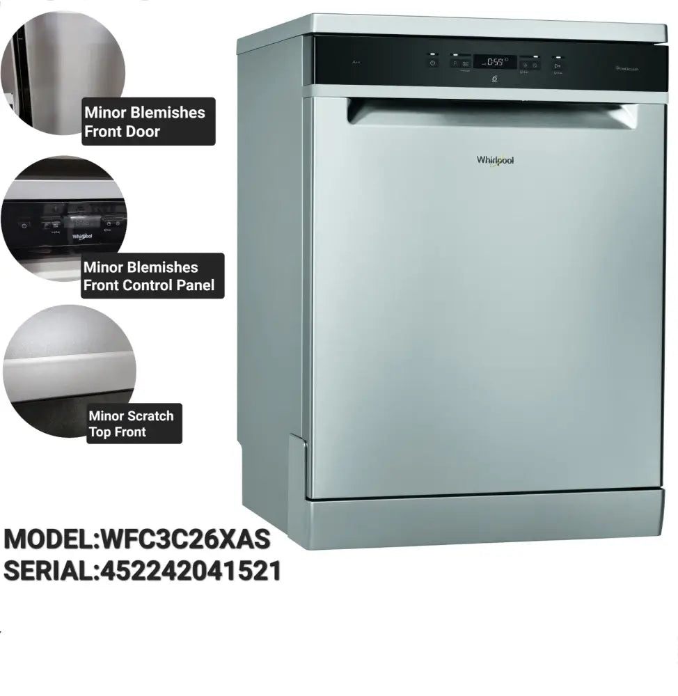 Whirlpool WFC3C26XAUS 60cm Freestanding Dishwasher - Energy Efficient, Quiet Operation, Large Capacity - Perfect for Kitchens, Apartments, and Small Spaces
