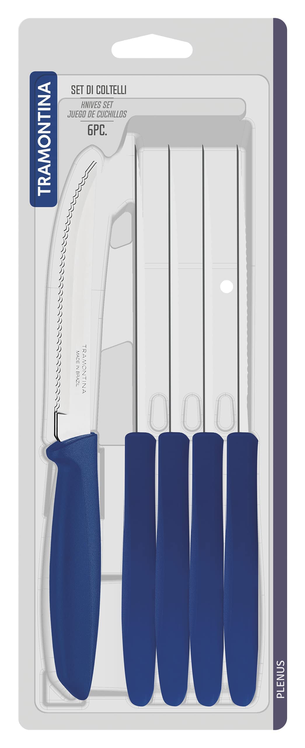 Tramontina 6-Piece Stainless Steel Kitchen Knife Set - Serrated Fruit & Tomato Knife, Vegetable Chopper & Peeler - Multipurpose Sharp Pointed Tip Blue Cutlery for Cooking, Slicing & Meal Prep