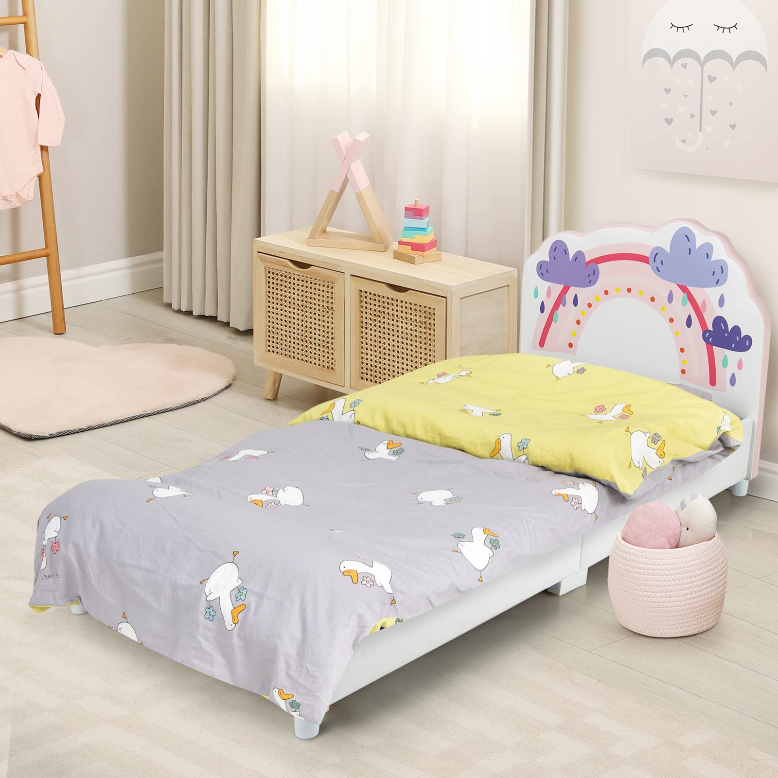 **HONEY JOY Twin Bed Frame for Kids - Sturdy Wooden Platform Bed with Headboard & Slat Support, No Box Spring Needed - Perfect for Boys & Girls Bedrooms - Fits Standard Twin Mattress (Rainbow Design) - Ideal for Toddler Rooms, Sleepovers & Cozy Bedtime Stories**