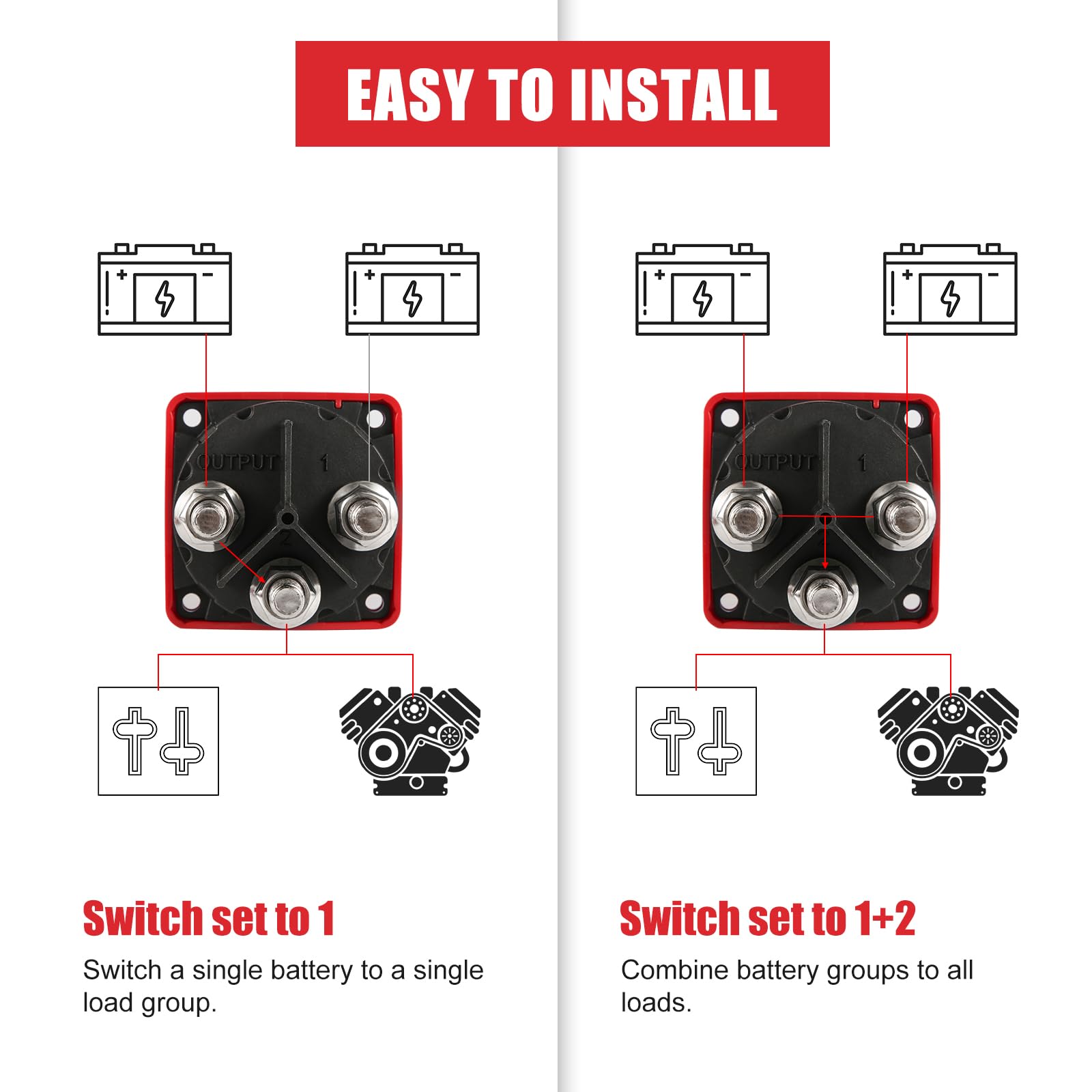 6007 m-Series 4 Position Marine Battery Disconnect Switch (1-1+2-2-Off) - Heavy Duty Boat Battery Selector for Car, RV, Trailer - Red - Perfect for Marine Power Management & Vehicle Electrical Systems