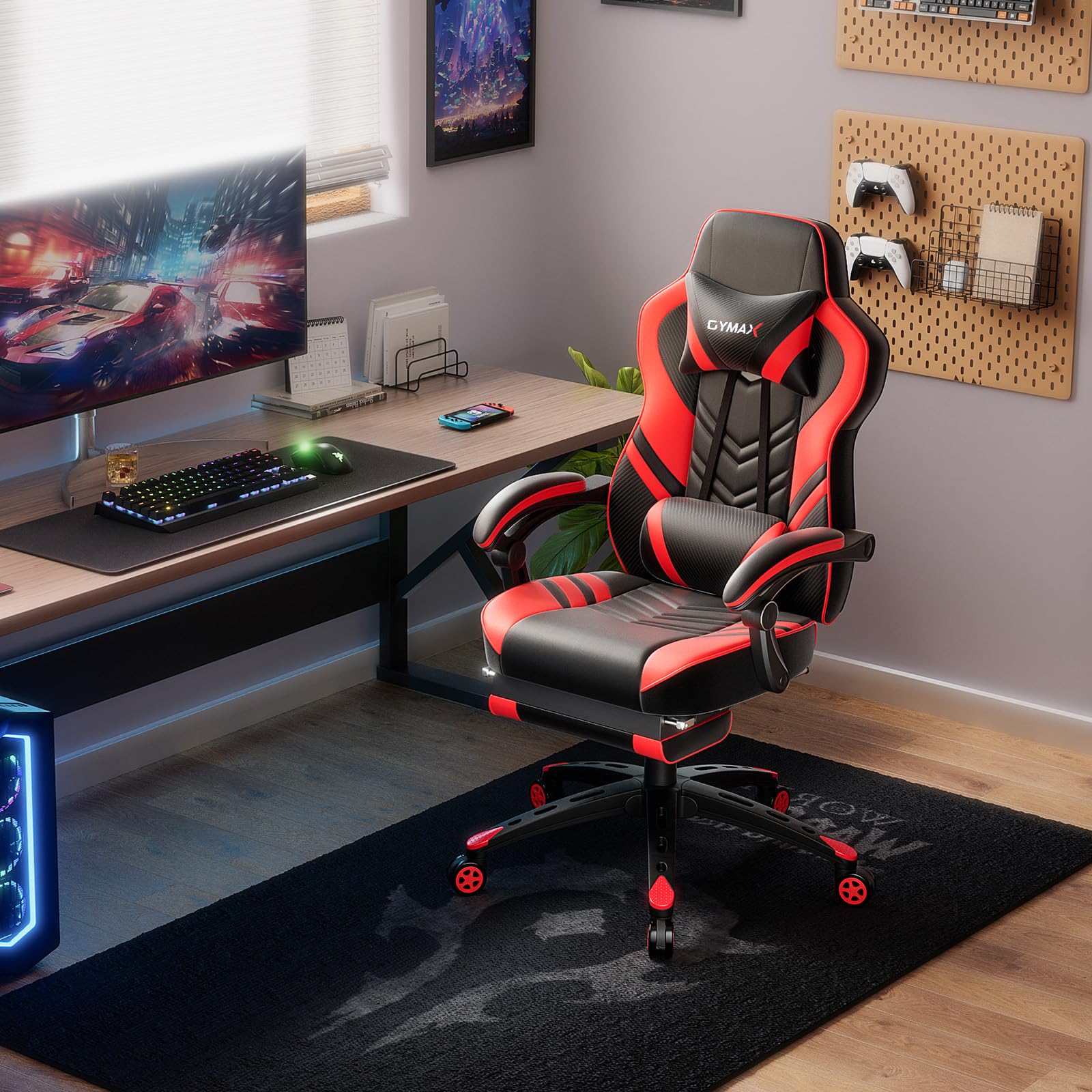 Powerstone Ergonomic Gaming Chair with Footrest & Lumbar Support - Adjustable Racing Style PU Leather Computer Chair for Office & Home Gaming Setup - Perfect for Esports, Streaming & Long Work Sessions (Red)