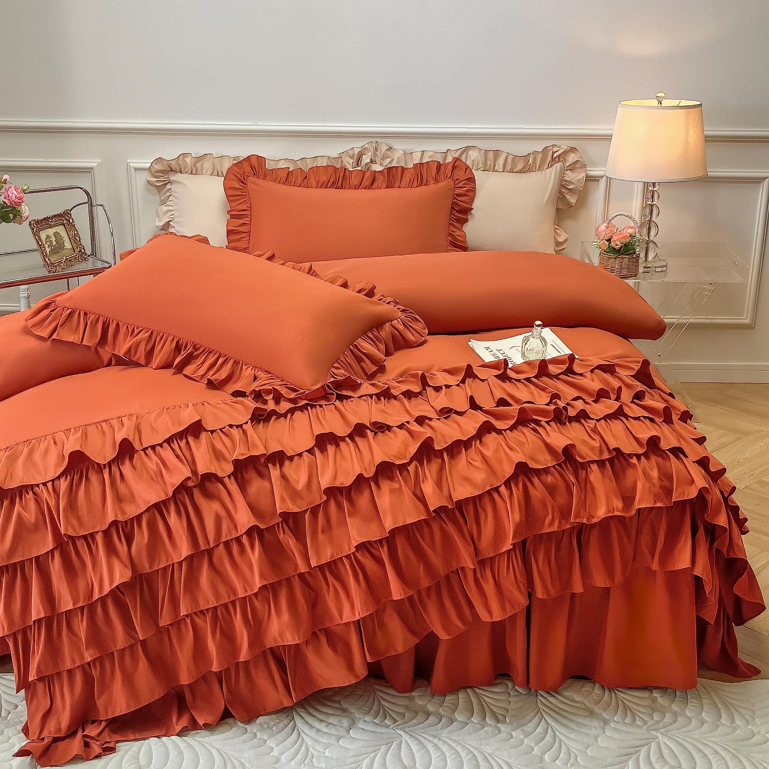 MOOWOO Girls Twin Size Waterfall Ruffle Duvet Cover Set - 2 Piece Shabby Chic Bedding, Soft Breathable Solid Color with Zipper Closure & Corner Ties | Aesthetic Bedroom Decor for Teen Girls, Kids Room, Dorm & Cozy Home