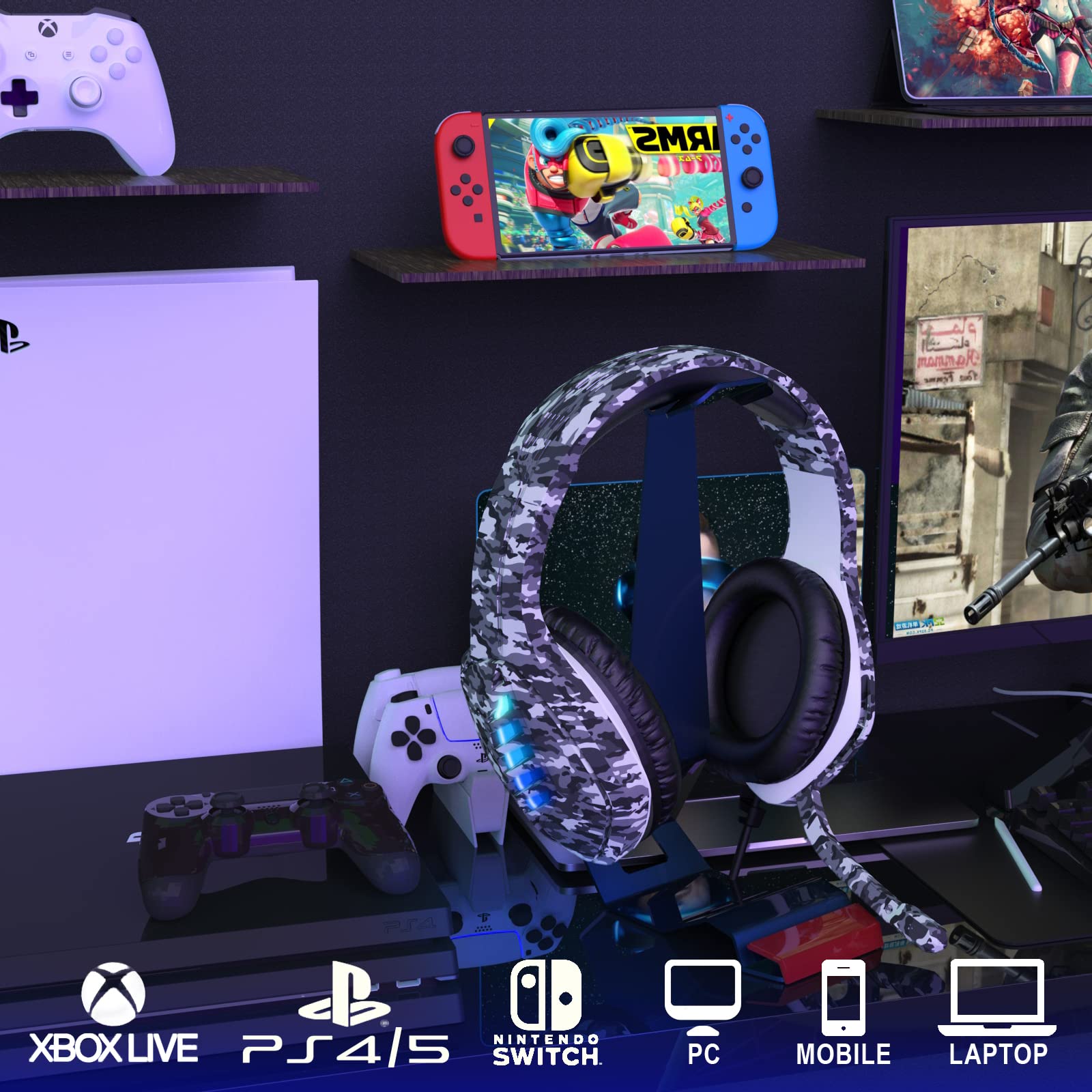 Premium Gaming Headset with Noise-Canceling Microphone - Compatible with PC, PS4, PS5, Nintendo Switch, Xbox One & Series X|S - 3.5mm Wired Over-Ear Headphones in Camo Black - Perfect for Competitive Gaming, Streaming & Online Chat