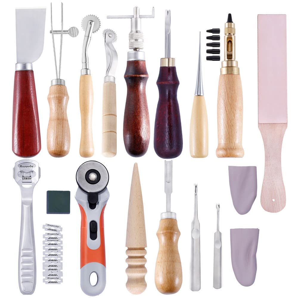 Premium Leather Sewing Kit - Complete Leather Craft Tools Set with Punch, Stitching Groover & Carving Tools for DIY Leatherworking (Color: L49) - Perfect for Saddlery, Handbag Repair & Leather Craft Projects