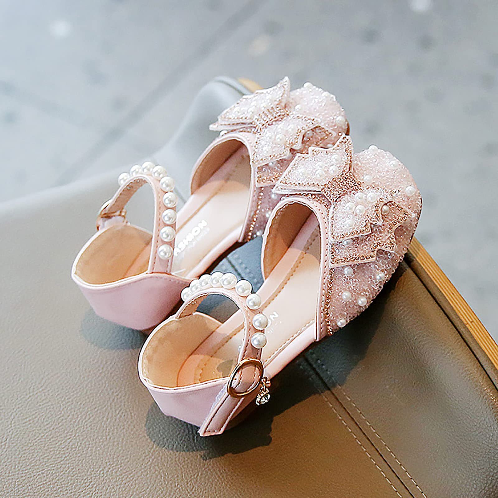 EnJoCho Girls' Crystal Bowknot Dance Sandals - Sparkling Princess Shoes with Pearl Bling for Toddlers (Pink, Size 3.5 Years) | Perfect for Ballet Class, Party Wear & Special Occasions