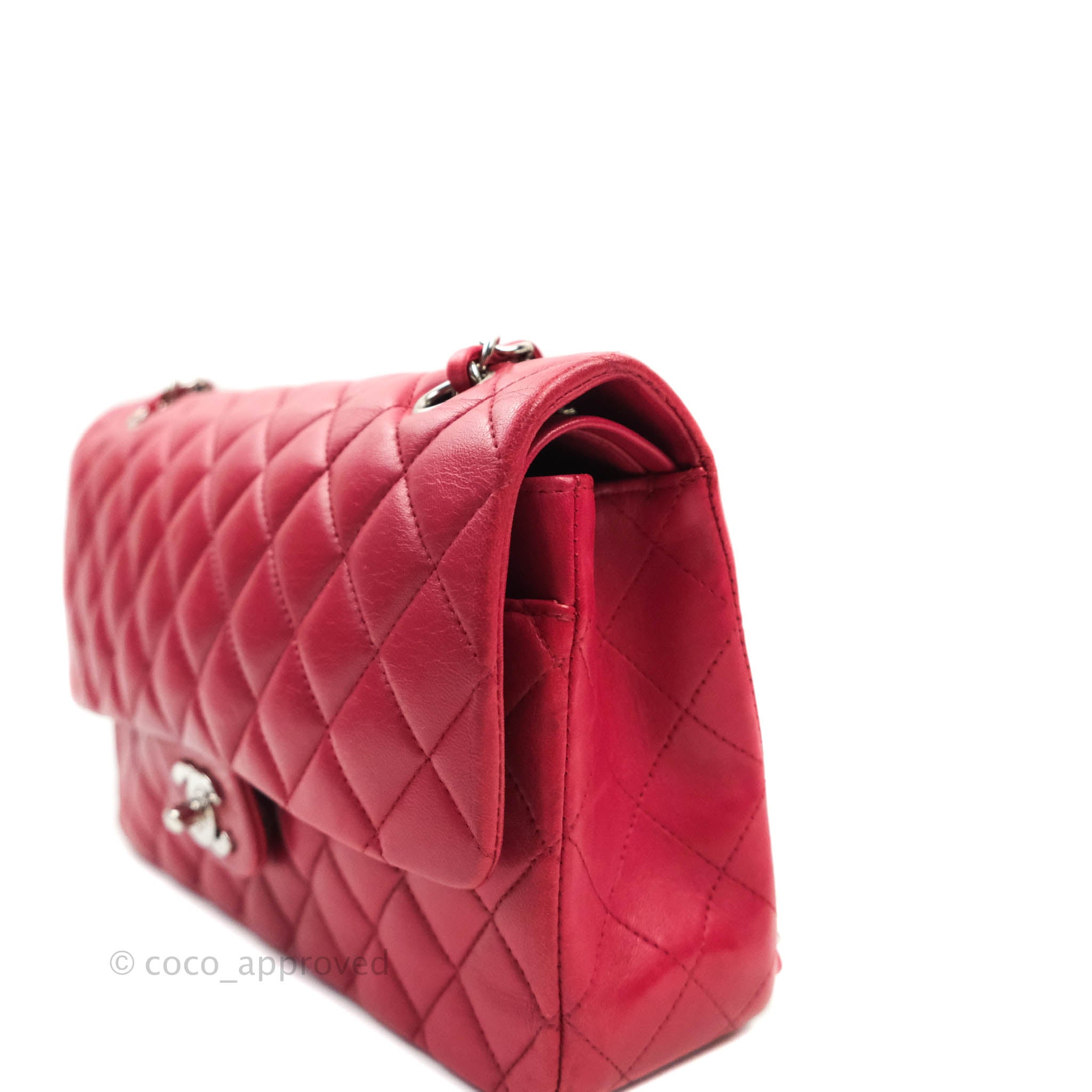 Chanel Classic Medium Double Flap Bag - Red Lambskin Leather with Silver Hardware | Luxury Handbag for Women, Perfect for Parties & Evening Events