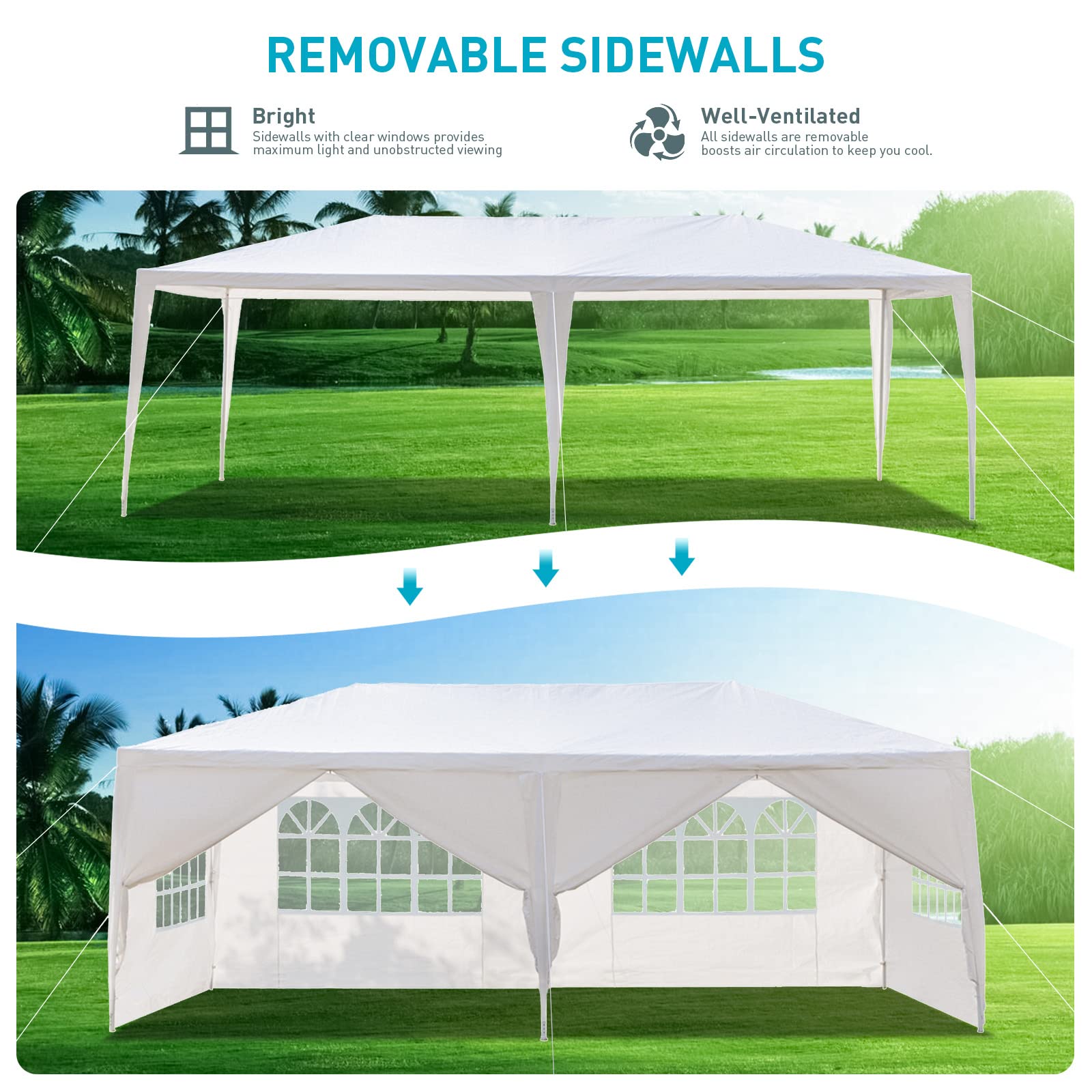 BNSPLY 10x20 FT White Outdoor Party Tent - Large Wedding & Birthday Canopy with 6 Removable Sidewalls & Transparent Windows - Perfect for Garden Events, Backyard Parties, Patio Gatherings and Outdoor Celebrations