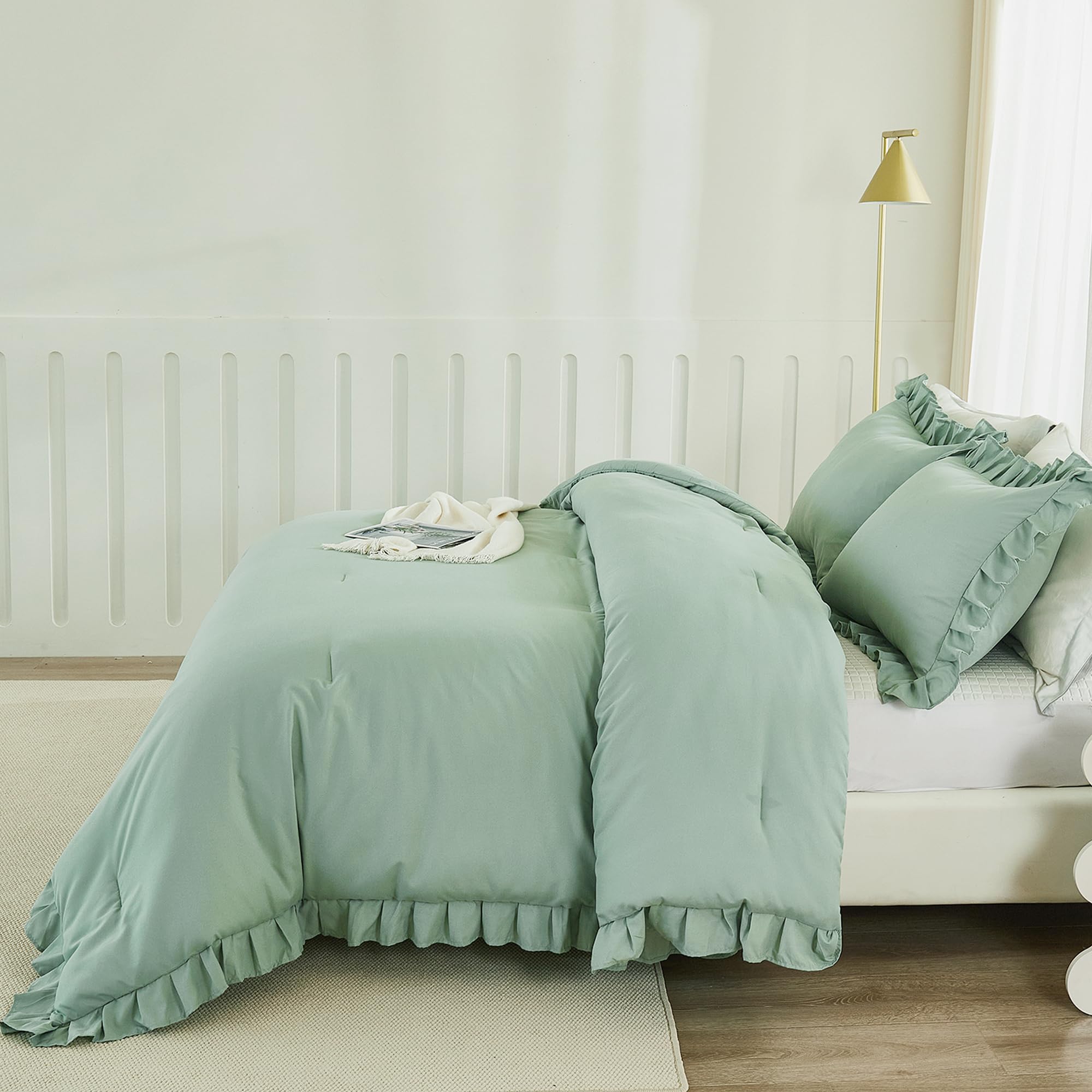 Andency Sage Green Comforter Set Full 3-Piece - Lightweight Soft Ruffle Bedding, Farmhouse Rustic Fluffy Microfiber Down Alternative Comforter (79x90 Inches) - Perfect for Guest Rooms, Master Bedrooms & Cozy Farmhouse Decor