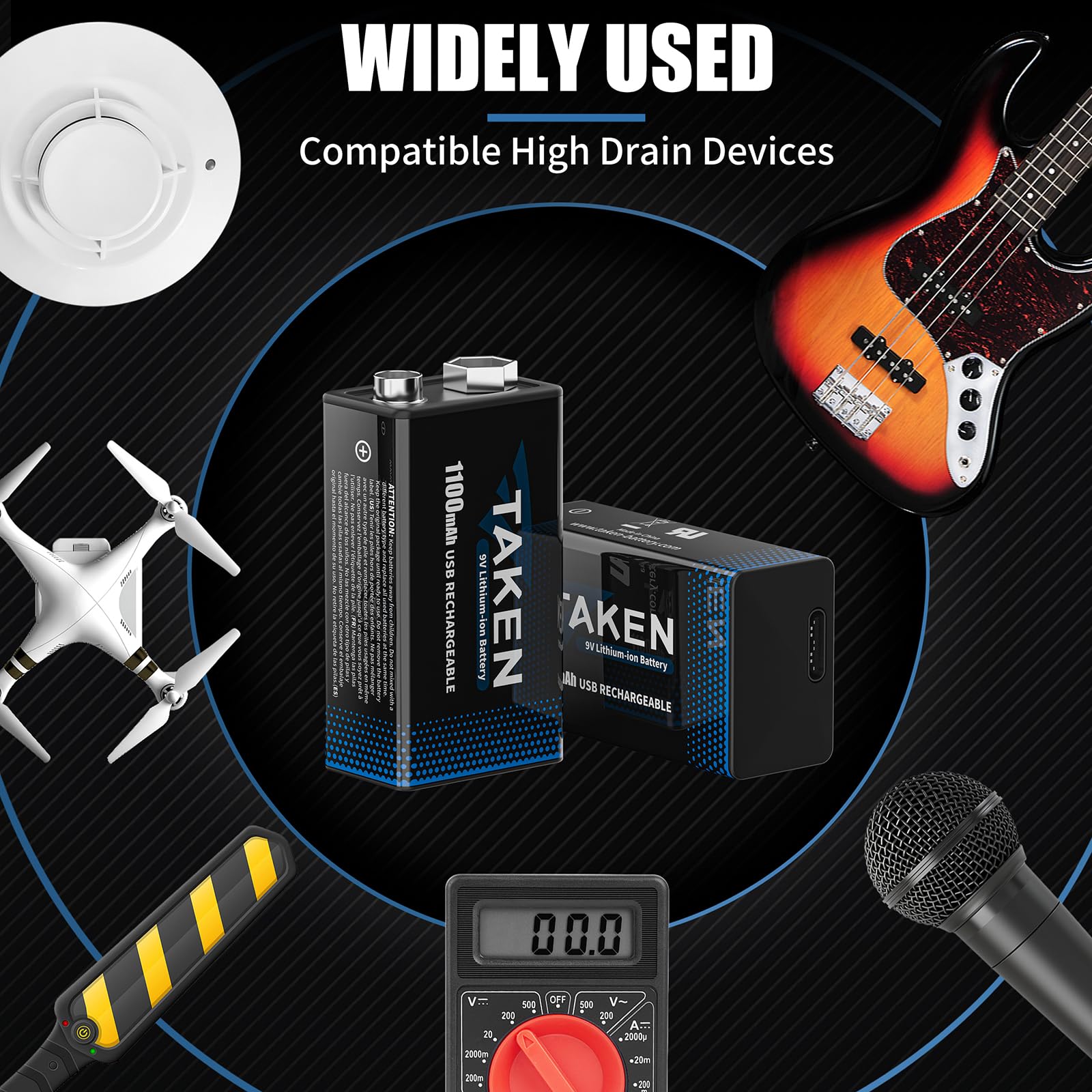 Rechargeable 9V Lithium Batteries 2-Pack with USB & Type C Cable - Long Lasting 9 Volt Battery for Smoke Detectors, Guitar Pedals & Electronic Devices