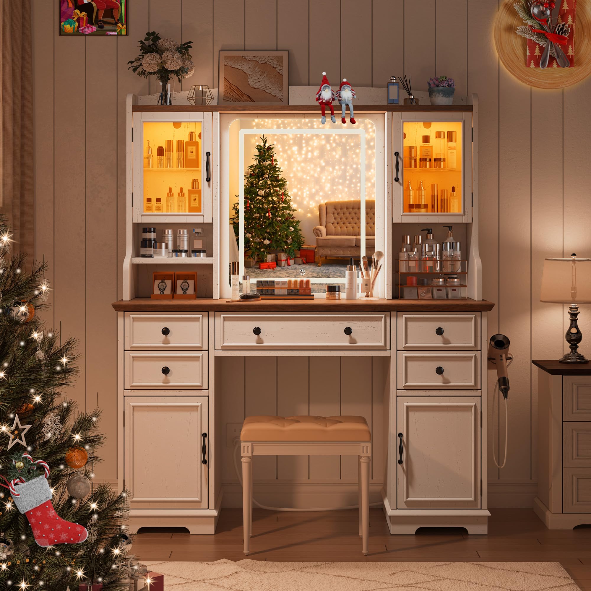 EnHomee Farmhouse Vanity Desk with LED Lighted Mirror & RGB Cabinets - 5 Drawers & 6 Storage Shelves Makeup Dressing Table for Bedroom, Bathroom, Home Decor | Perfect for Makeup Organization, Cosmetics Storage & Glam Room Setup