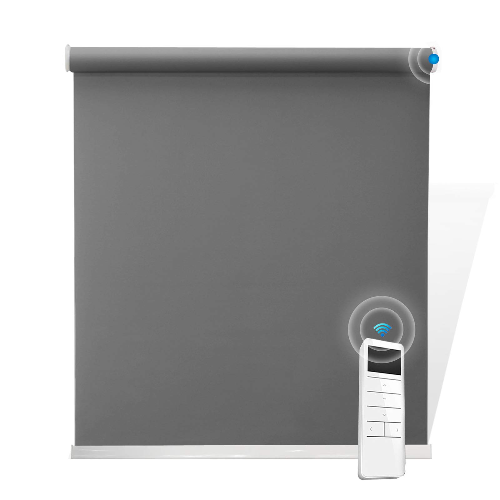 SUAKY Motorized Blackout Window Shades - Dark Grey Cordless Roller Blinds with Valance | Energy Saving UV Protection & Light Filtering | Perfect for Bedroom, Living Room, Office & Kitchen Windows & Doors
