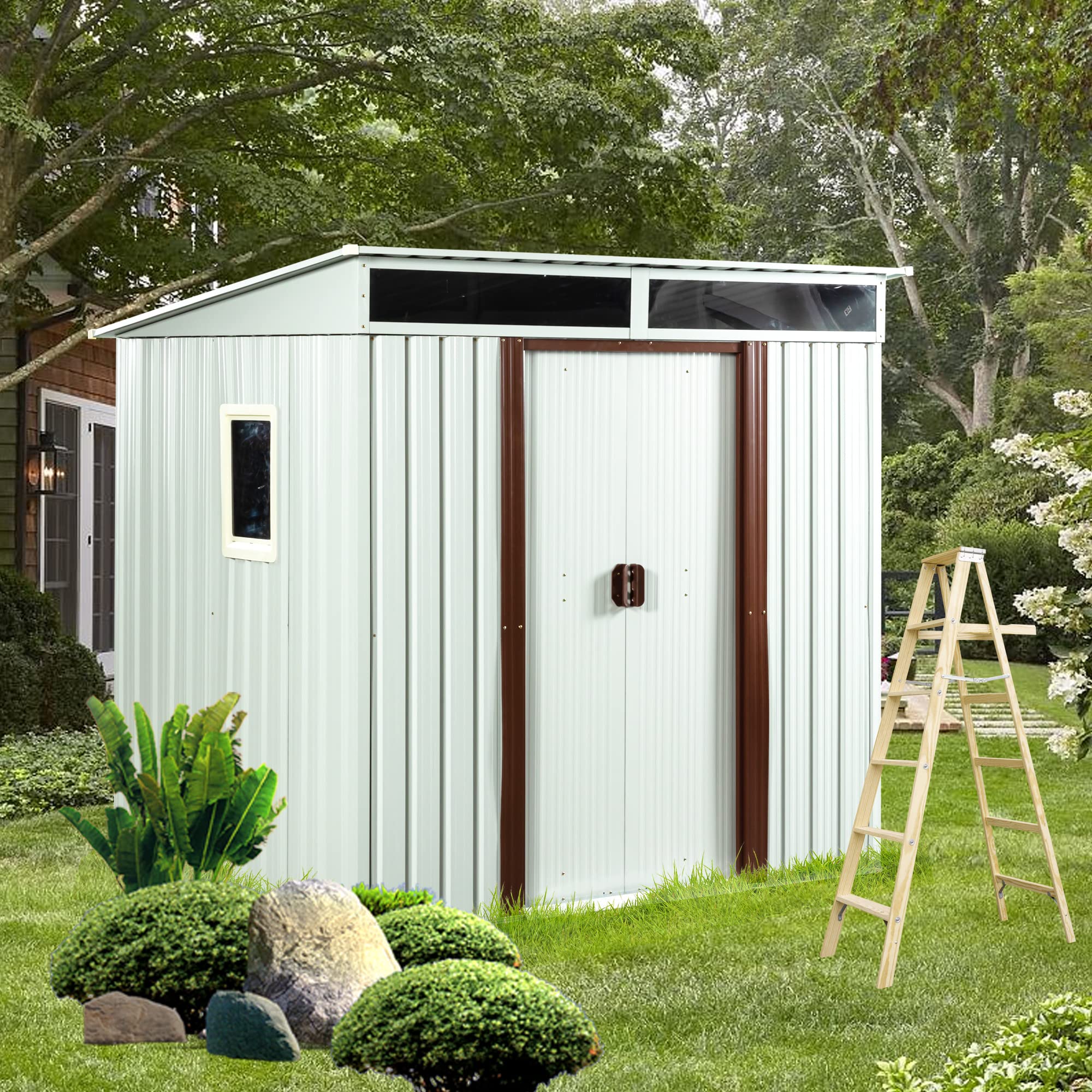 6.4 x 5ft White Steel Outdoor Storage Shed with Floor Frame & Double Lockable Doors - Durable Metal Garden Tool Shed for Backyard, Patio, Lawn Organization (Includes Side Window) | Perfect for Storing Lawn Mowers, Gardening Tools & Outdoor Equipment