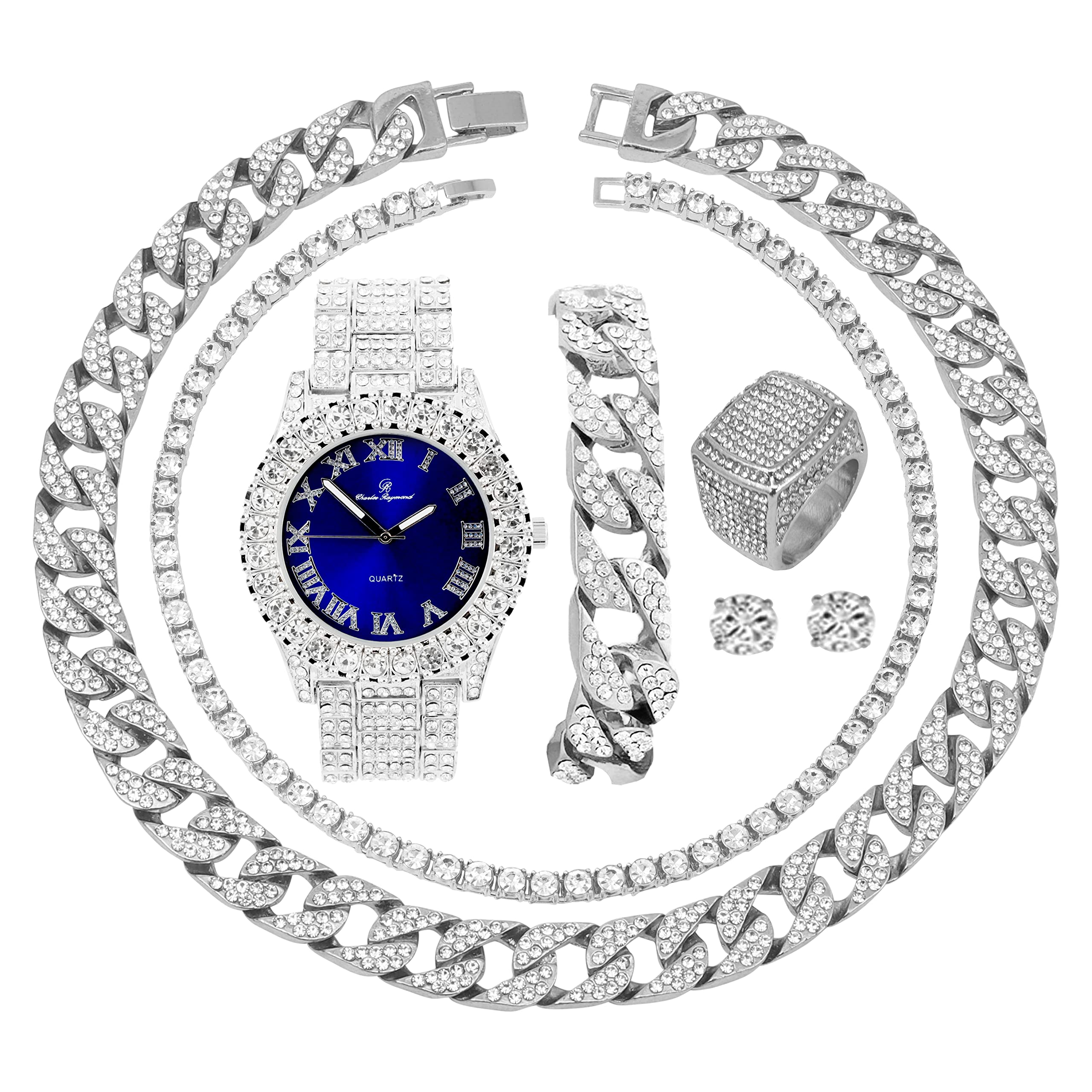 Men's Luxury Iced Out Cuban Link Jewelry Set - Big Rocks Bezel Watch with Roman Numerals, Cuban Chain Bracelet, Necklace & Ring (ST10327CRNT) | Perfect for Hip-Hop Fashion, Parties & Special Occasions