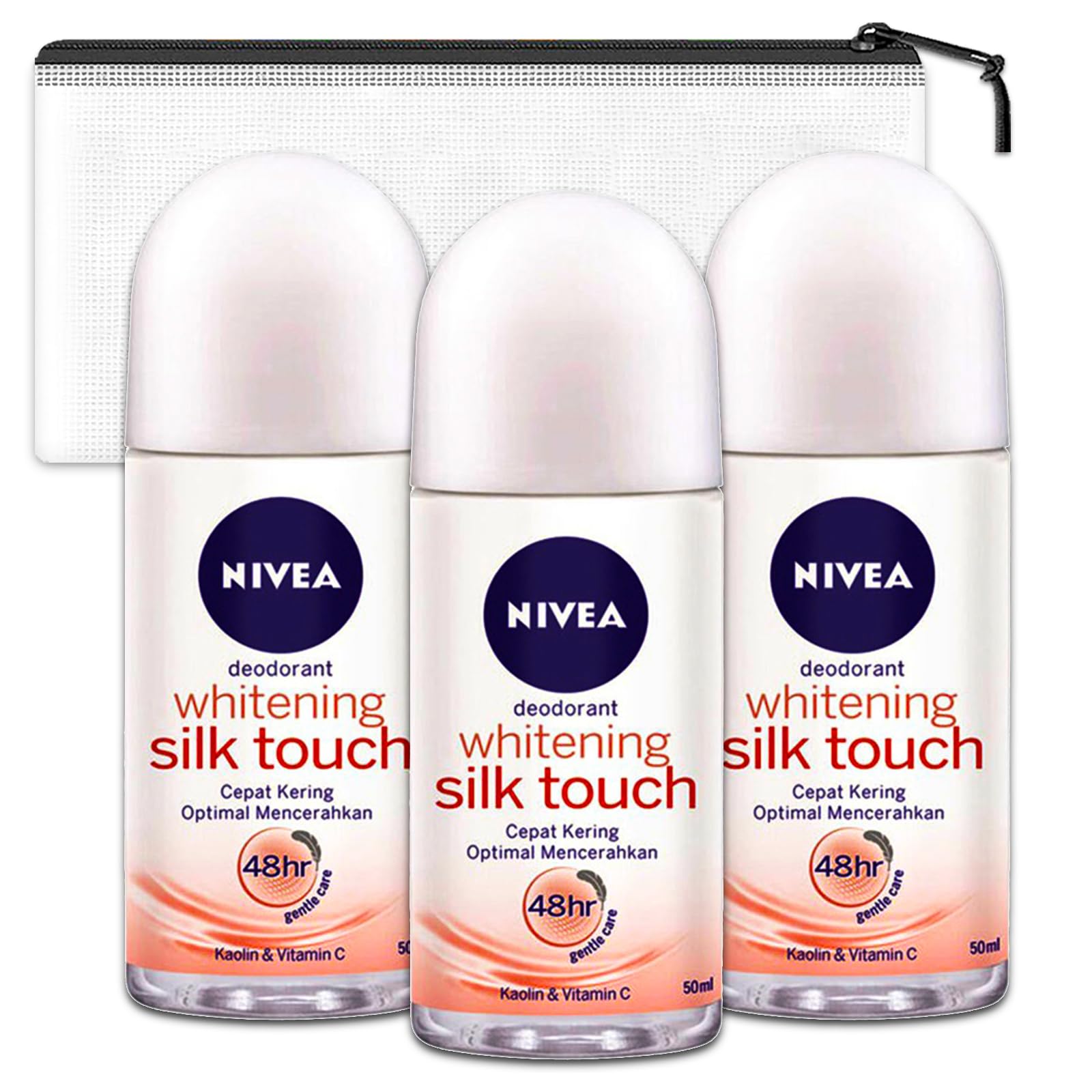 Nivea Brightening Silk Touch Deodorant for Women - 3 Pack Roll-On Anti-Perspirant Travel Size (50ml Each) with Free Travel Bag | Perfect for Gym, Office & Vacation