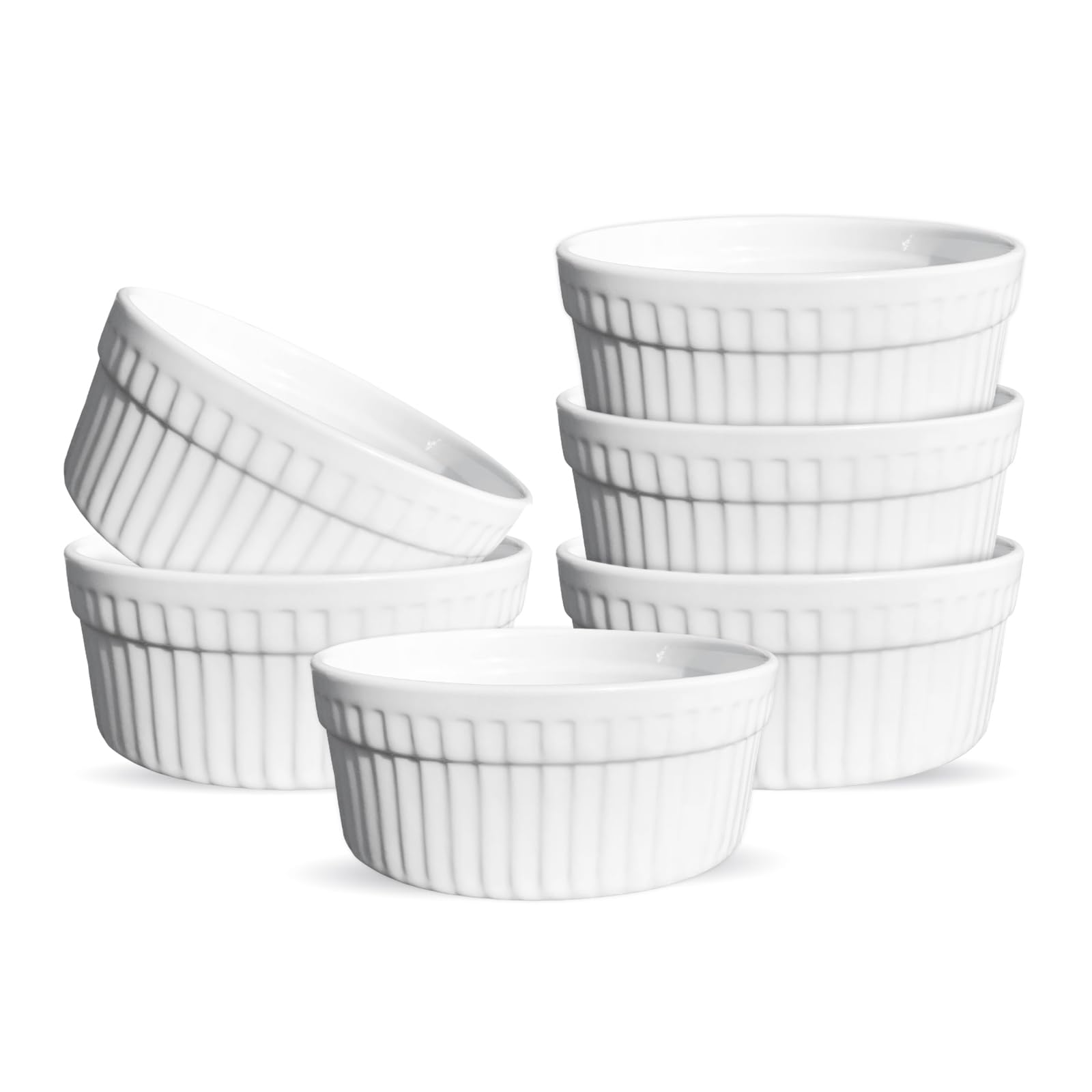 6-Piece Ceramic Ramekin Set - Non-Toxic White Porcelain Baking Cups (4 oz) - Oven & Dishwasher Safe for Desserts, Dips & Snacks - Perfect for Crème Brûlée, Soufflés & Party Appetizers