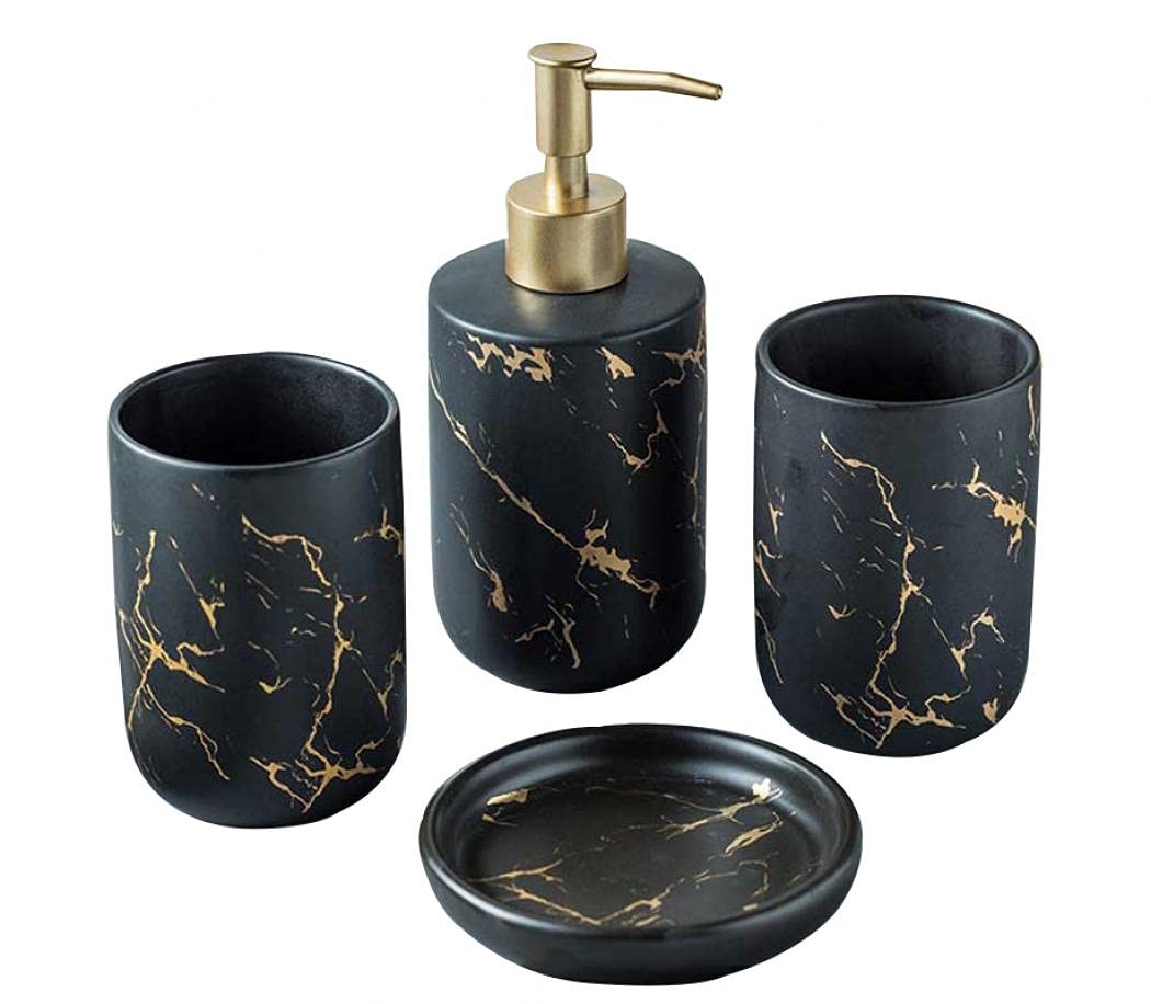 Premium Black Marble Bathroom Accessories Set - 4 Piece Ceramic Soap Dispenser, Toothbrush Holder, Tumbler & Soap Dish - Elegant Golden Vein Design for Modern Bathroom Decor - Perfect for Guest Bathrooms, Master Suites & Spa-Style Vanities