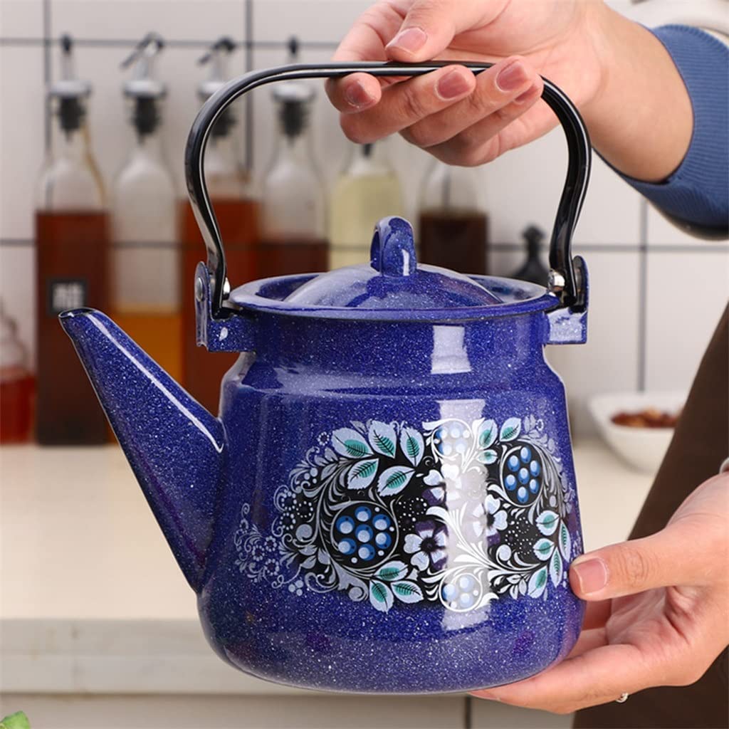 GLXLSBZ 2L Enamel Tea Kettle - Traditional Horse Milk Jug, Salan Style Butter Tea Pot for Home & Camping | Stovetop & Cold Water Use