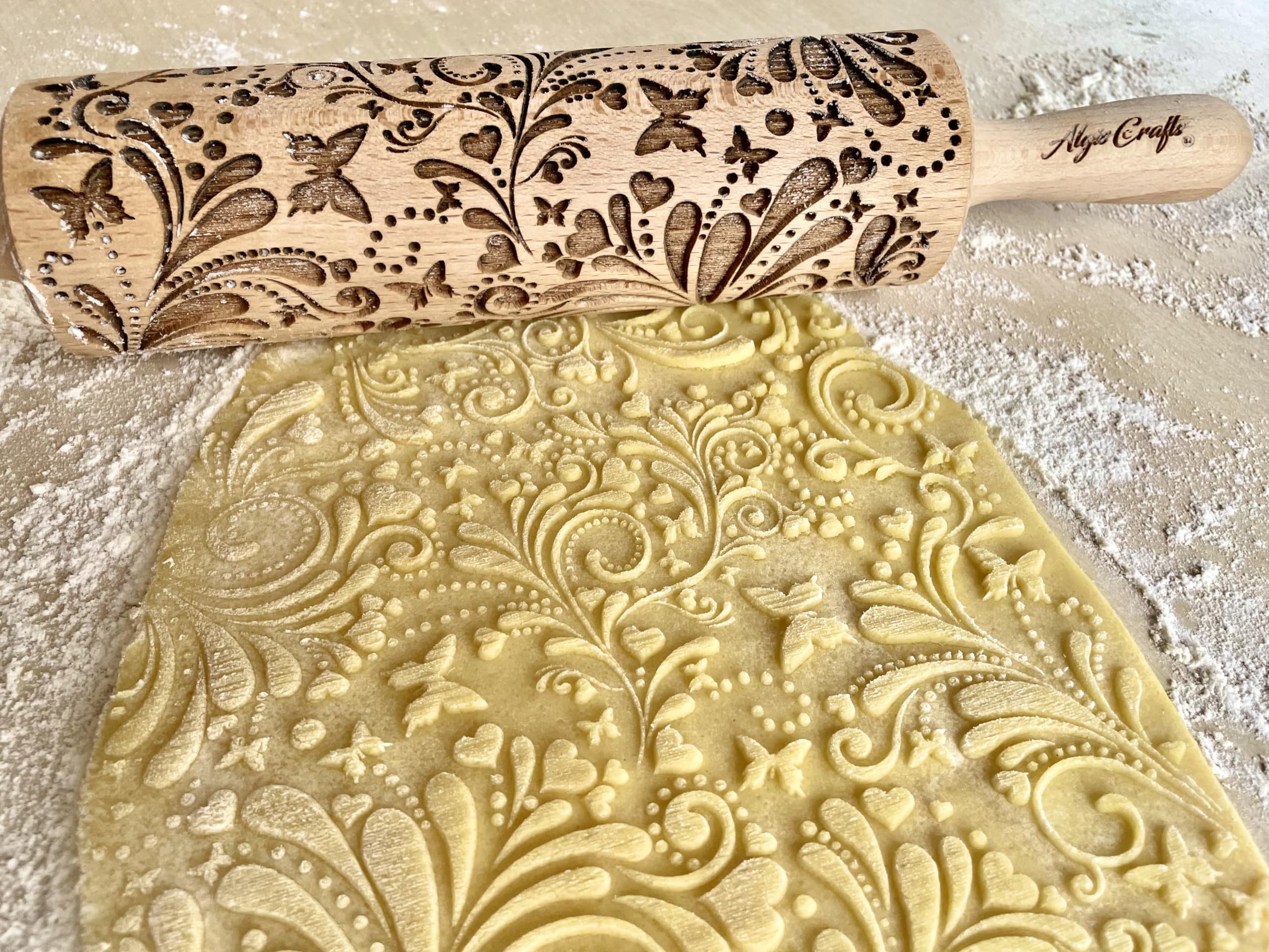 Wooden Spring Rolling Pin with Butterfly & Flower Embossing - Handmade Cookie Dough Press for Baking, DIY Pastry Decorating - Perfect Gift for Mother's Day, Weddings & Holiday Cookie Making