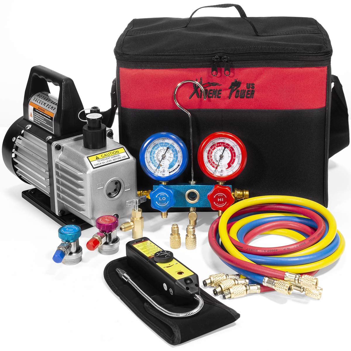 XtremepowerUS Premium 4CFM Air Vacuum Pump HVAC Kit - AC Manifold Gauge Set with R134a Tap, Leak Detector & Carrying Tote Bag - Professional A/C Refrigeration Tool for Auto Repair & Home HVAC Maintenance
