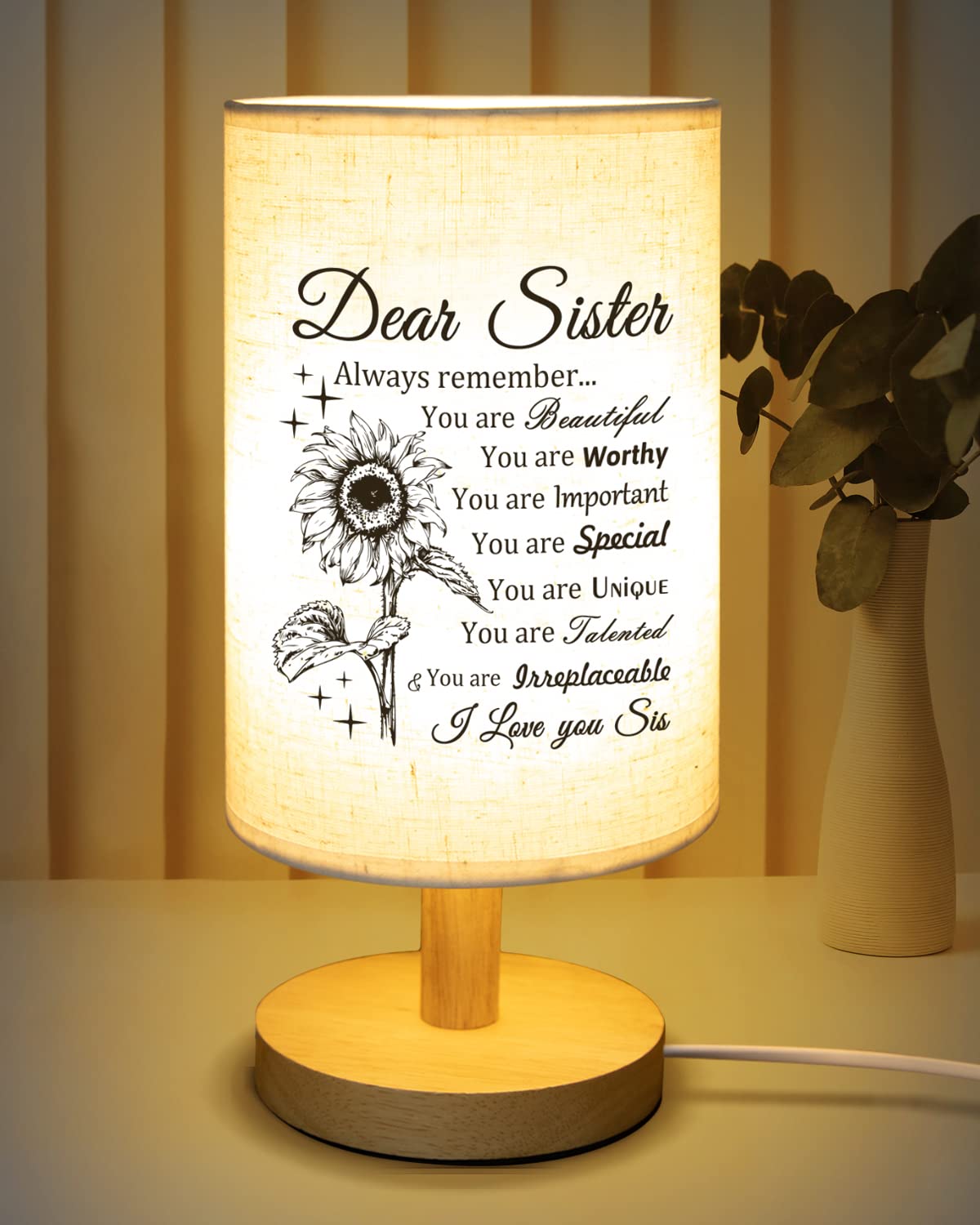 Custom Sister Birthday Gift - Handmade Fabric Table Lamp with Wooden Stand | Thoughtful Anniversary & Wedding Present for Sisters | Perfect for Bedroom Decor, Home Office Lighting & Special Occasions