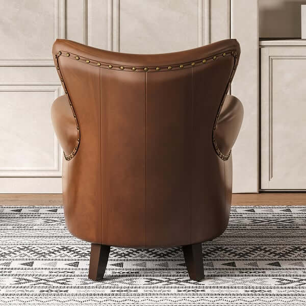Midcentury Modern Brown Leather Accent Chair - Solid Wood Frame, Comfortable Upholstered Lounge Chair for Living Room, Bedroom, or Office Decor