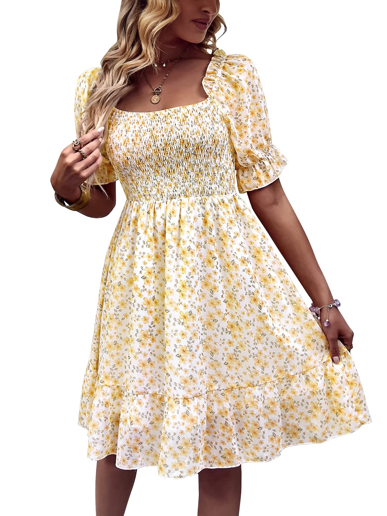 Vintage Floral Chiffon Midi Dress for Women - Square Neck, Half Sleeve, Ruffled Elastic Bust Summer Dress | Perfect for Beach Vacations, Garden Parties & Date Nights