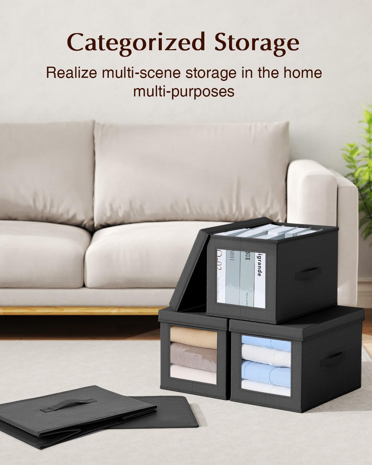 Fabric Storage Bins with Lids - 4 Pack Black Collapsible Baskets for Home & Shelves Organization