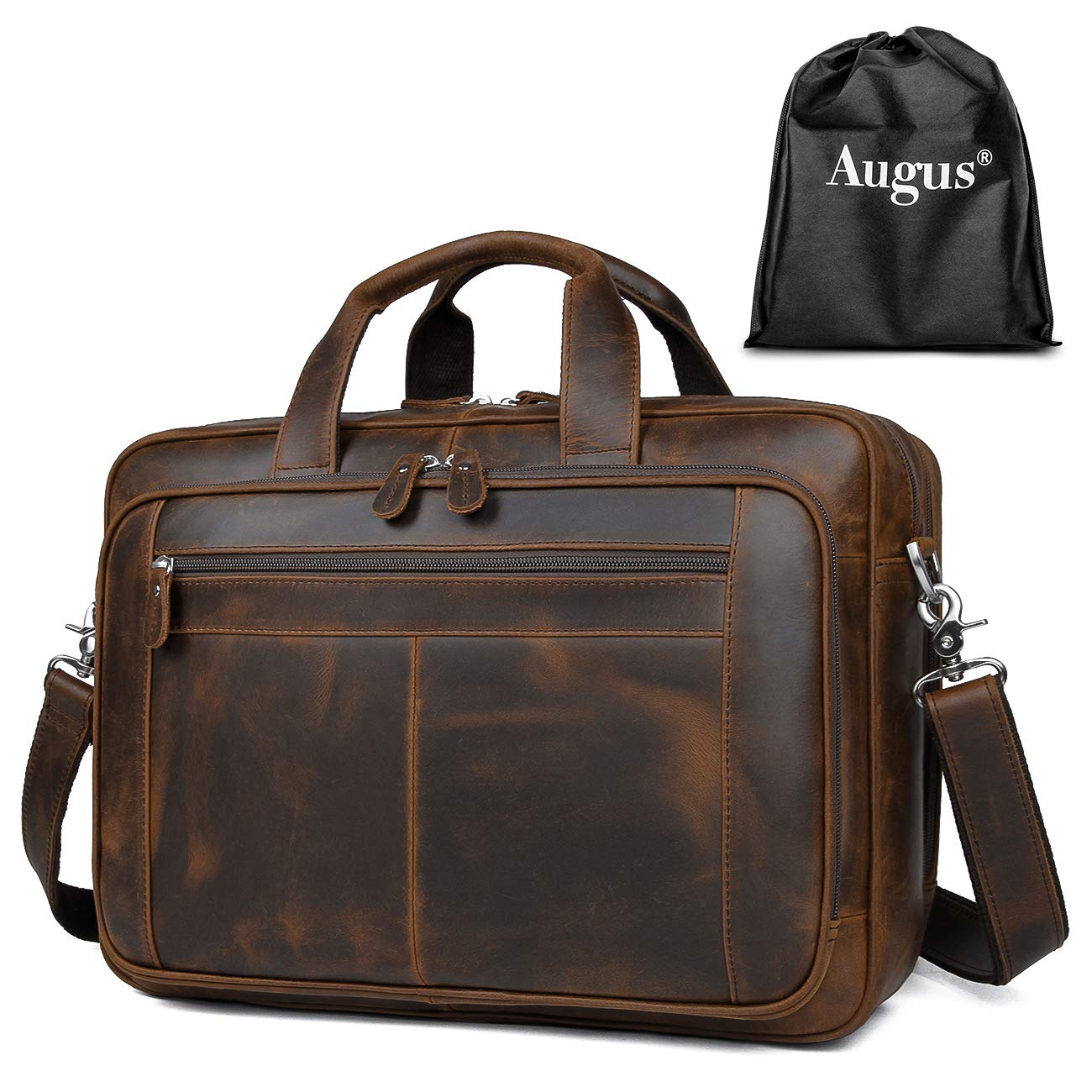 Augus Genuine Leather Business Travel Briefcase for Men - 15.6 Inch Laptop Bag with YKK Metal Zippers - Dark Brown Duffle Bag for Office, Commuting & Business Trips