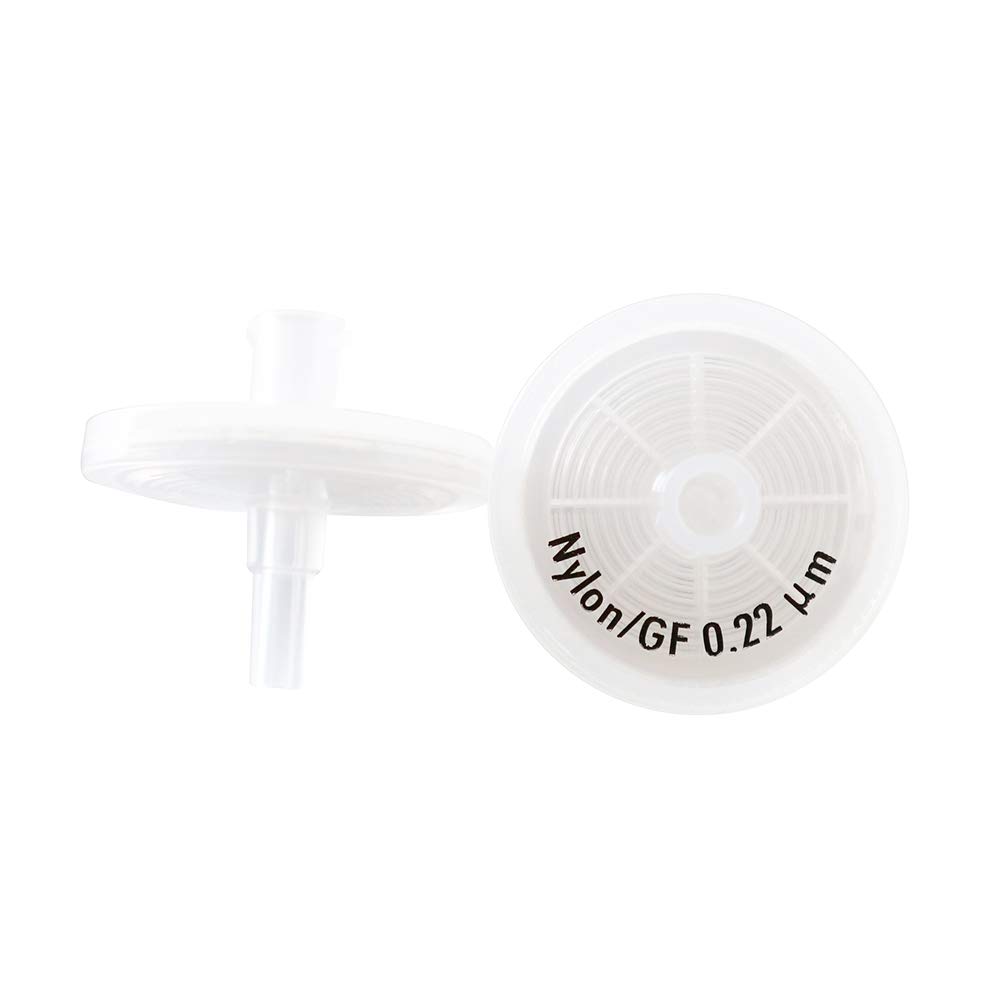 0.22μm Nylon Syringe Filter with 0.7μm Glass Fiber Pre-Filter - 25mm Diameter - Sterile Lab Filtration - Pack of 100 - Ideal for HPLC, Microbiology & Pharmaceutical Sample Preparation