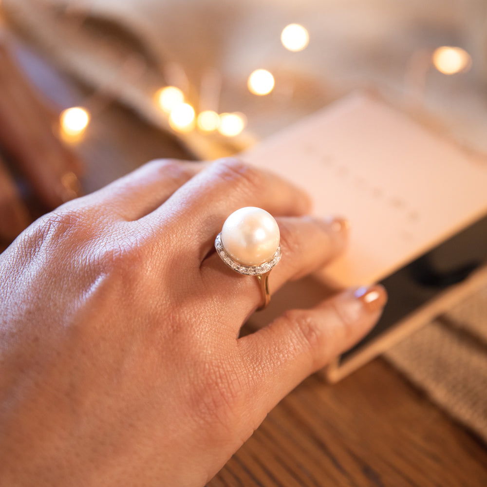 14-15mm White South Sea Pearl & 0.10ct Diamond Ring in 9K Yellow Gold - Elegant Jewelry for Weddings, Anniversaries & Special Occasions