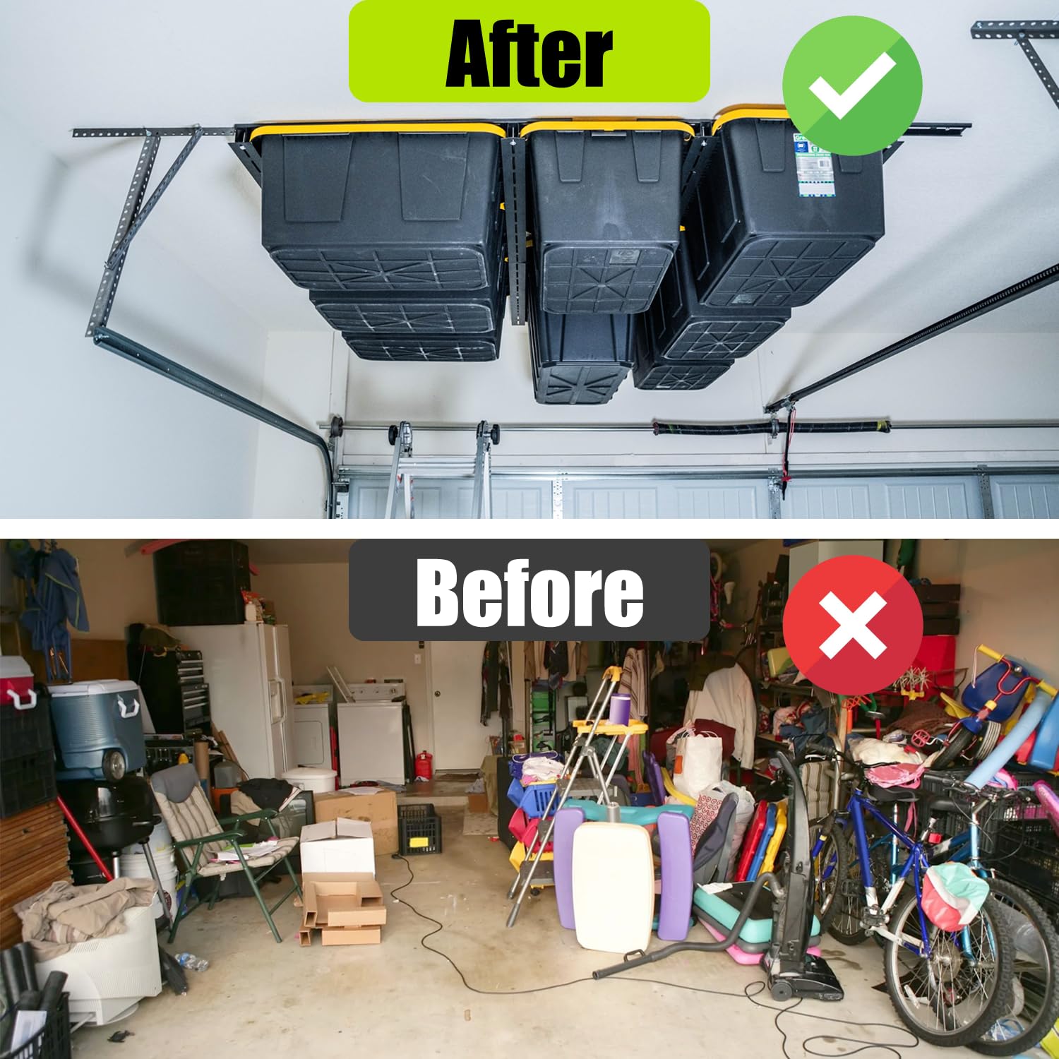 Heavy Duty Adjustable Garage Ceiling Storage Rack - Overhead Tote Slide Rail System for Garage Organization | Black (MR0001) | Perfect for Storing Bins, Seasonal Items & Sports Equipment