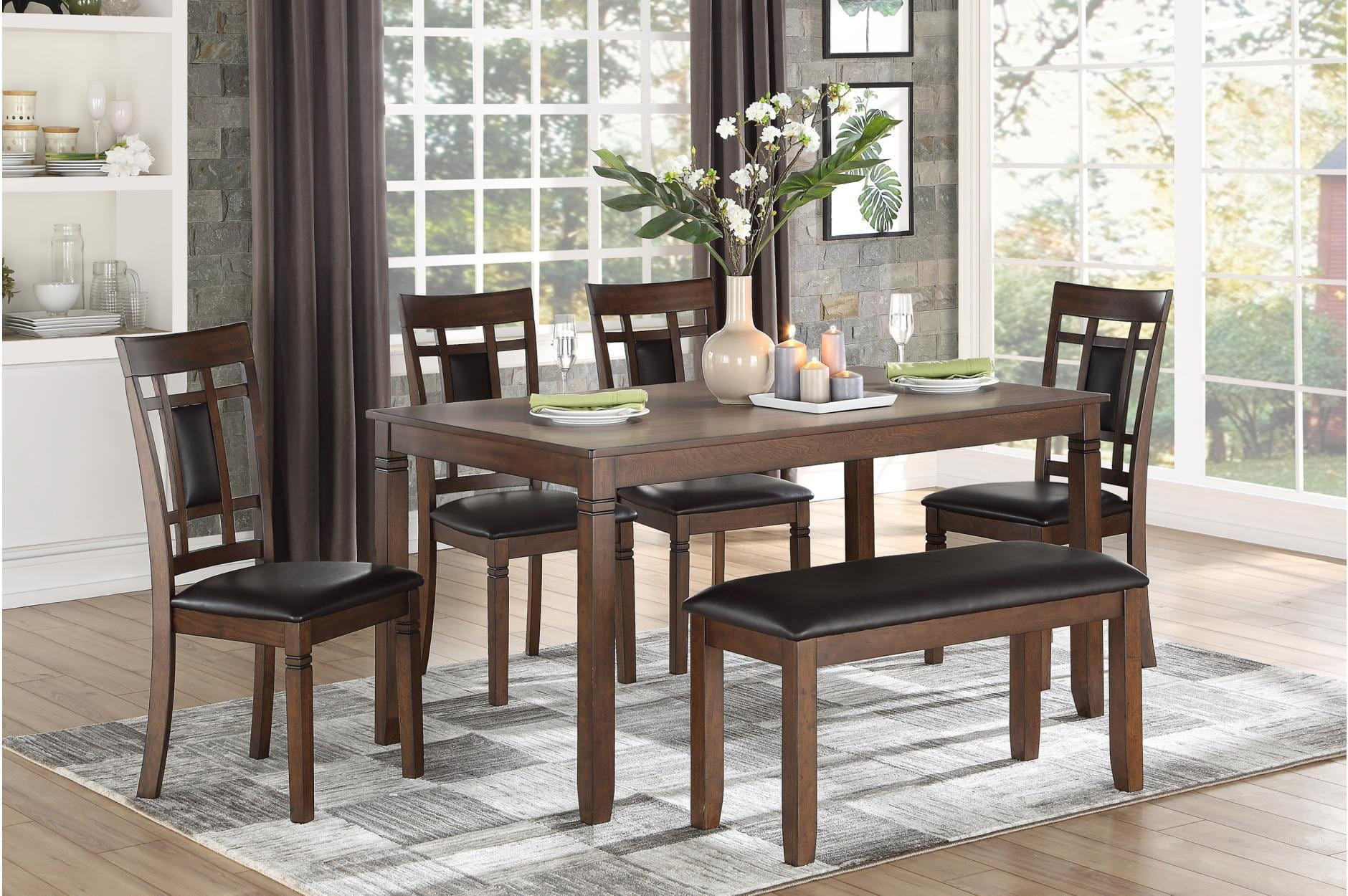 6-Piece Cherry Finish Dining Set with Bench - Perfect for Small Spaces, Kitchens, and Cozy Breakfast Nooks