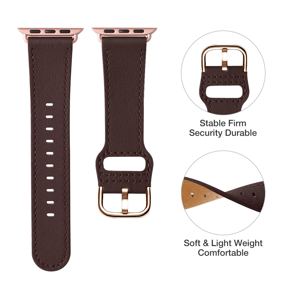 Premium Genuine Leather Apple Watch Bands for Women & Men - Compatible with iWatch Ultra, SE, Series 9/8/7/6/5/4/3/2 (45mm, 44mm, 42mm, 41mm, 40mm, 38mm) - Coffee & Rose Gold - Perfect for Workouts, Office & Everyday Wear
