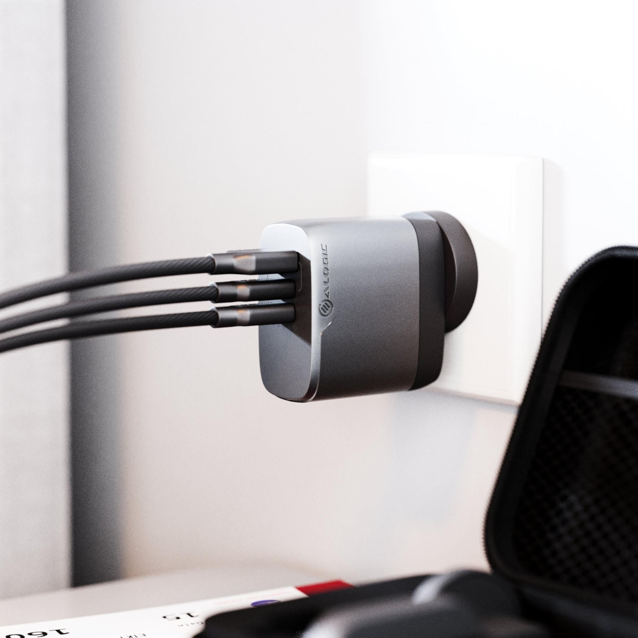ALOGIC 67W GaN Fast Charger - 3-Port USB C Travel Adapter with Multi-Country Plugs | Compact & Powerful Charging for Laptop, Phone & Tablet | Perfect for Business Travelers & Digital Nomads (Space Grey)