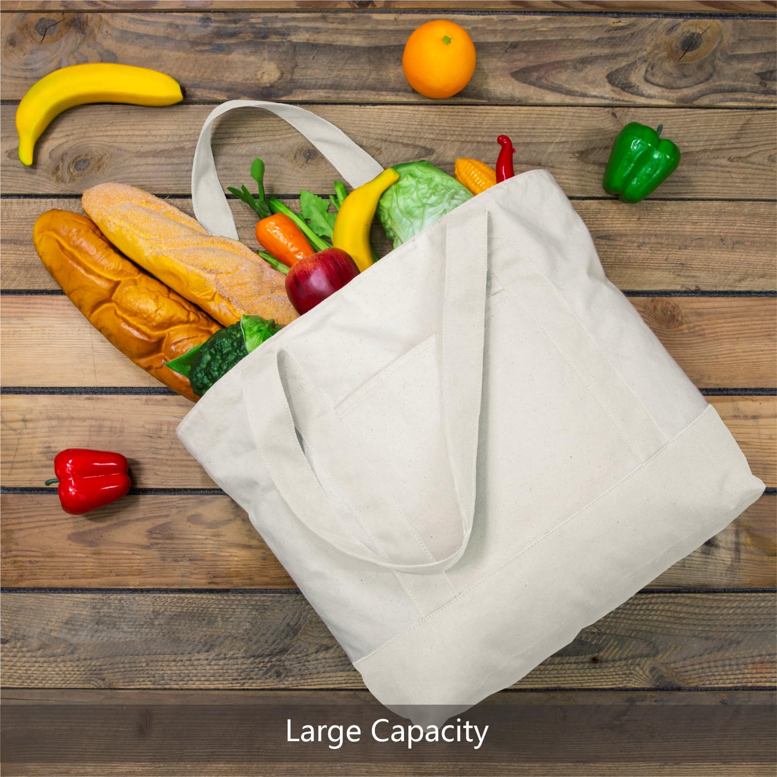 TOPDesign 30-Pack Canvas Tote Bags with External Pocket - Reusable Grocery Shopping Bags with Zipper Closure for Daily Essentials (Natural) | Perfect for Groceries, Beach Trips & Eco-Friendly Shopping