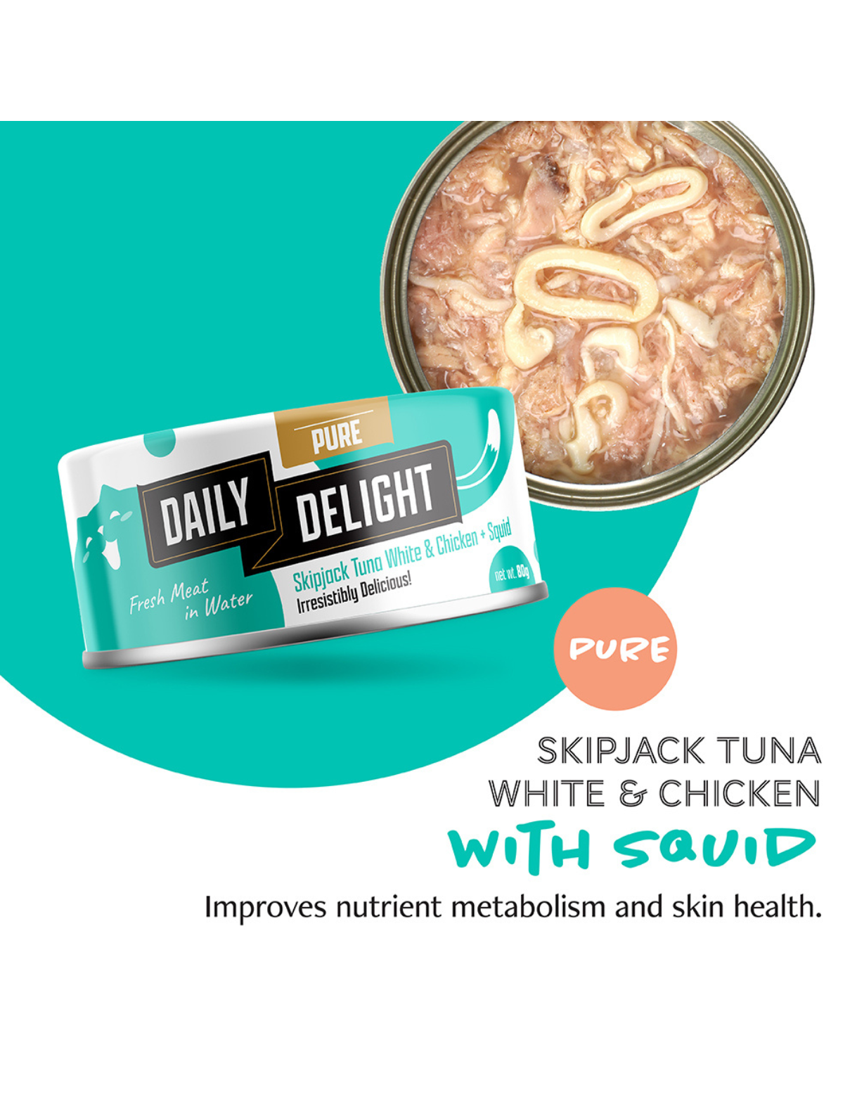 Premium Skipjack Tuna, White Chicken & Squid Canned Cat Food - Grain-Free, High Protein Wet Cat Food (80g) - Perfect for Adult Cats' Daily Meals & Special Treats