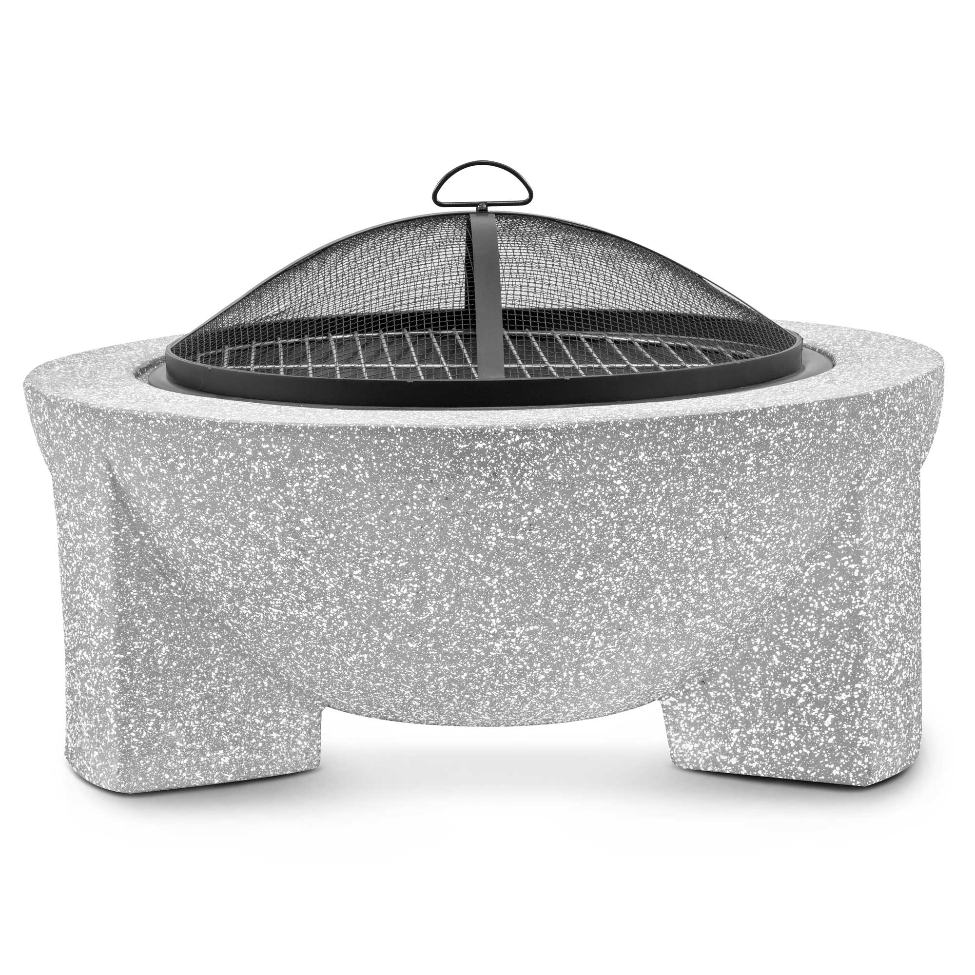 Round 75cm Magnesium Oxide Fire Pit with BBQ Grill & Safety Mesh Screen - Light Grey Outdoor Fireplace for Backyard, Patio, and Camping (DG190)
