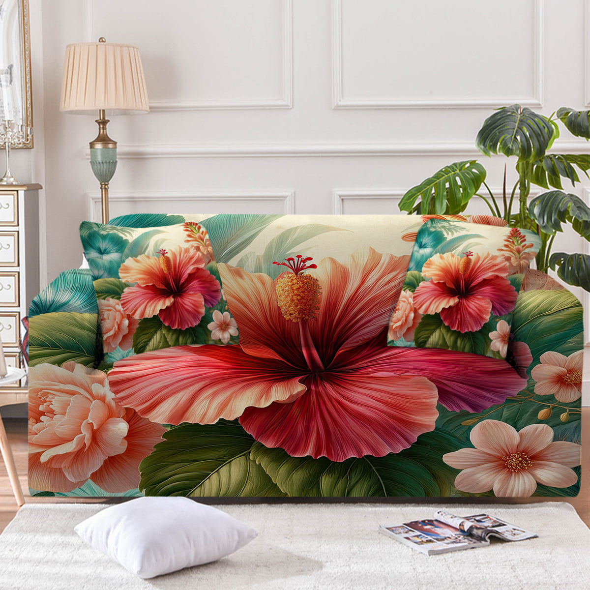 Premium Hibiscus Flower Print Sofa Cover - Soft Stretchable Couch Slipcover for Living Room Decor, Home Protection, and Pet-Friendly Furniture