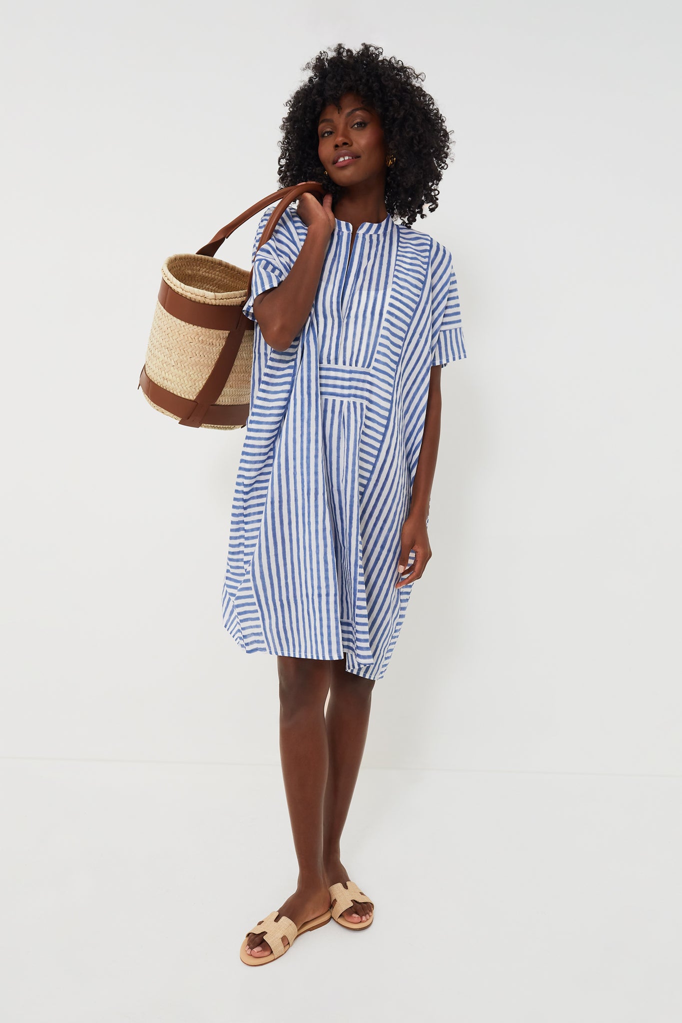 Blue Stripe Emerson Short Caftan Dress - Lightweight Summer Beach Cover Up, Boho Chic Loungewear for Women - Perfect for Vacations, Poolside, and Casual Outings