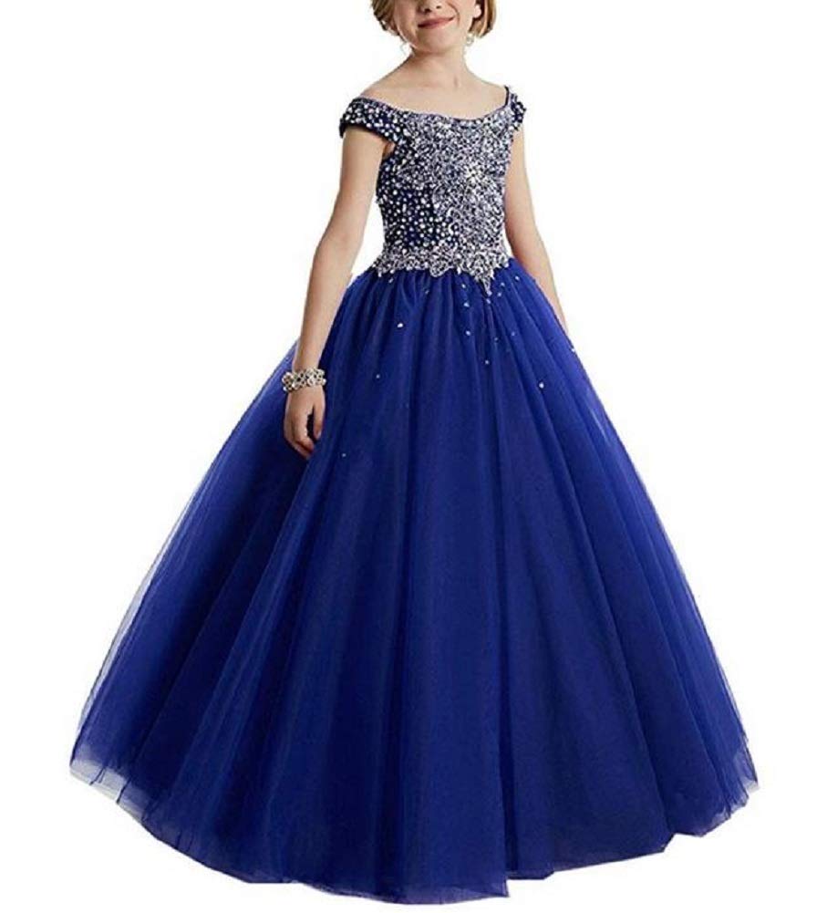 VeraQueen Girls Off Shoulder Beaded Pageant Dress - Cap Sleeve Ruffled Princess Ball Gown for Beauty Contest, Prom, Wedding Party & Special Occasions