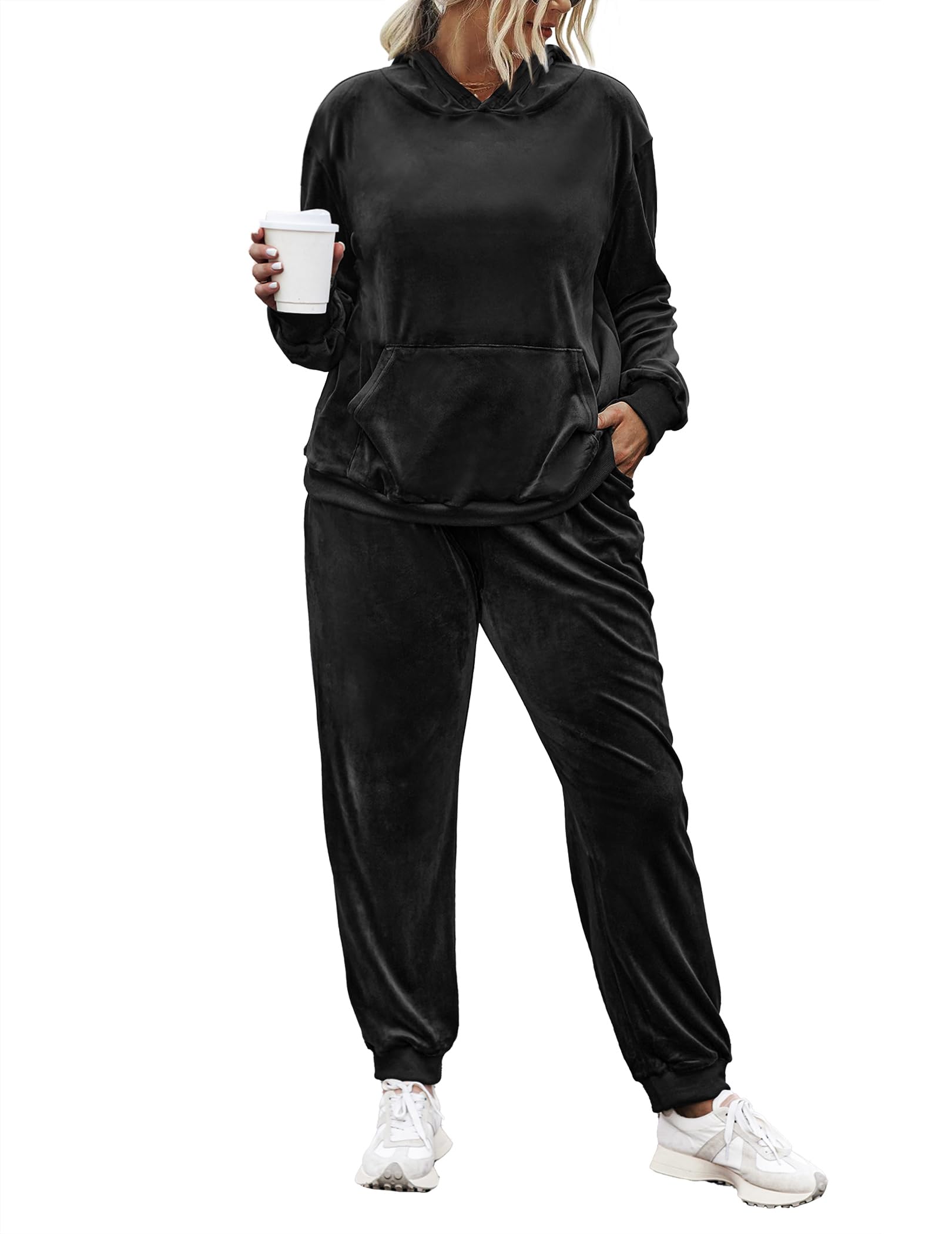 IN'VOLAND Plus Size Women's 2-Piece Velour Tracksuit Set - Soft Pullover Hoodie & Comfortable Sweatpants with Pockets | Lounge Wear, Casual Outfit, Gym & Home Relaxation