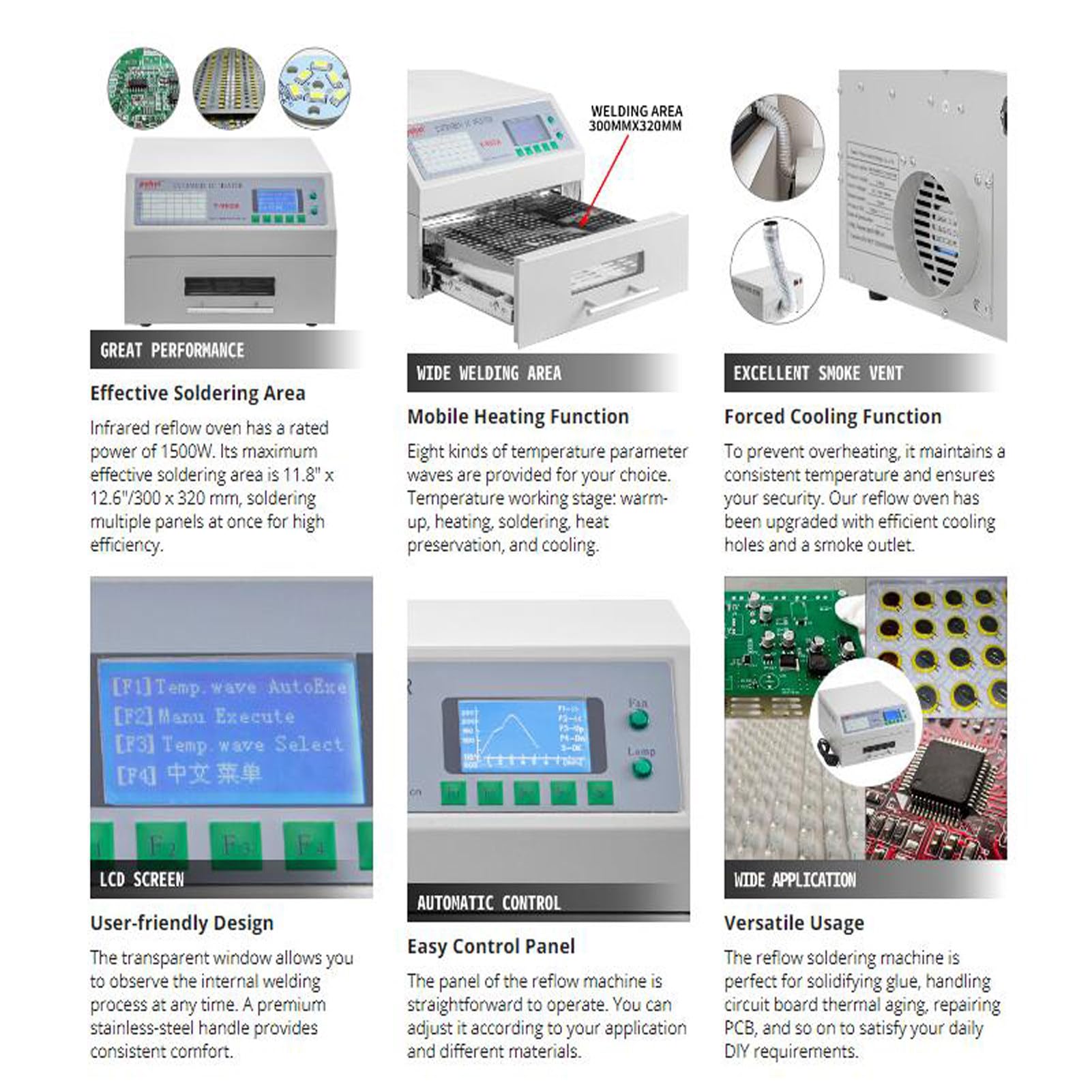 T-962A 1500W Large Body Intelligent Reflow Oven with Hot Air Circulation - Professional SMT Soldering Machine for PCB Assembly, Prototyping & Production Line | Perfect for Electronics Manufacturing, DIY Projects & Repair Workshops