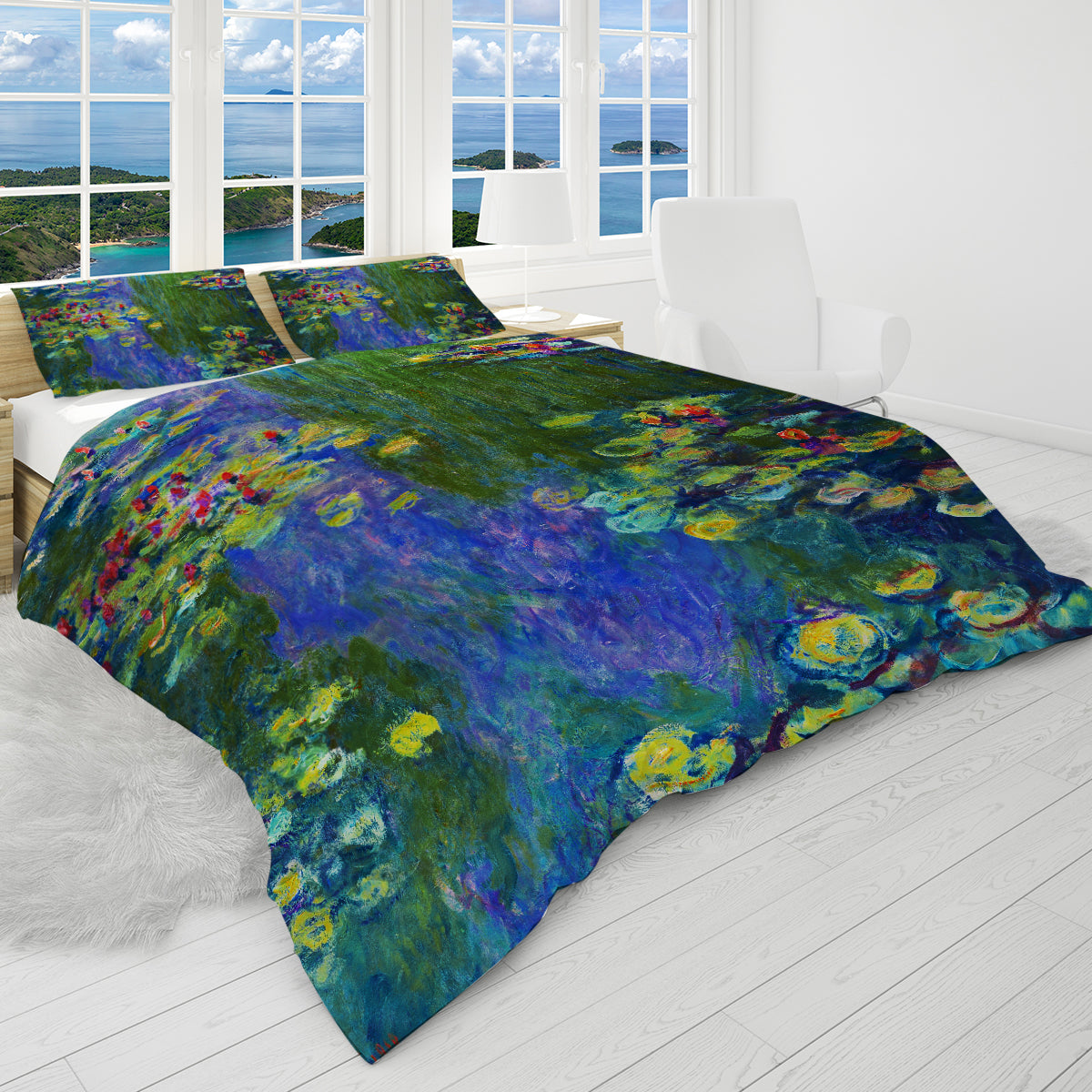 Claude Monet Water Lilies Reversible Duvet Cover Set - Floral Bedding for Master Bedroom & Guest Room Decor